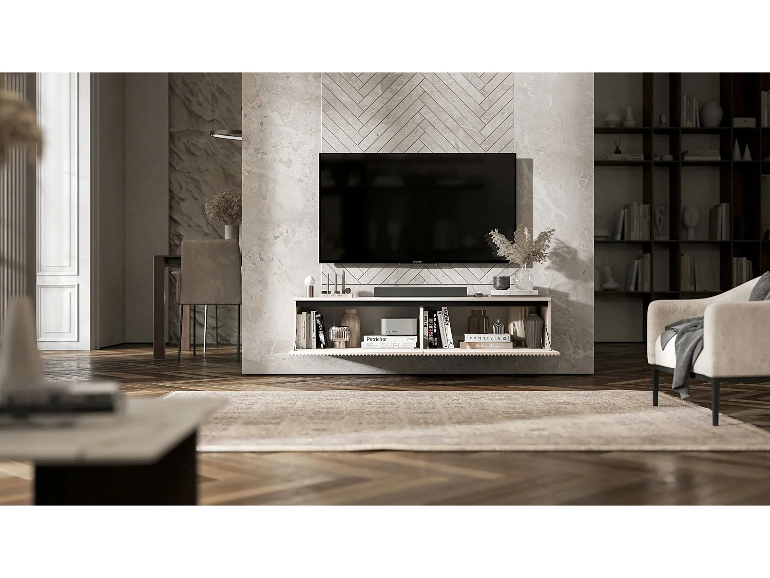 Meuble TV avec 2 portes - Corps cachemire mat, façades rainurées cachemire mat - 140 cm