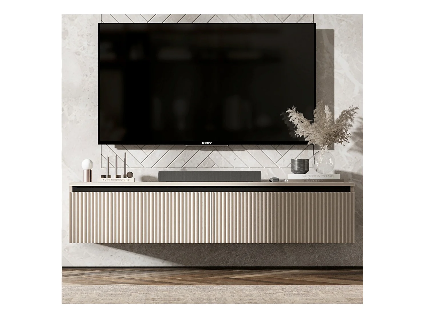 Meuble TV avec 2 portes - Corps cachemire mat, façades rainurées cachemire mat - 140 cm
