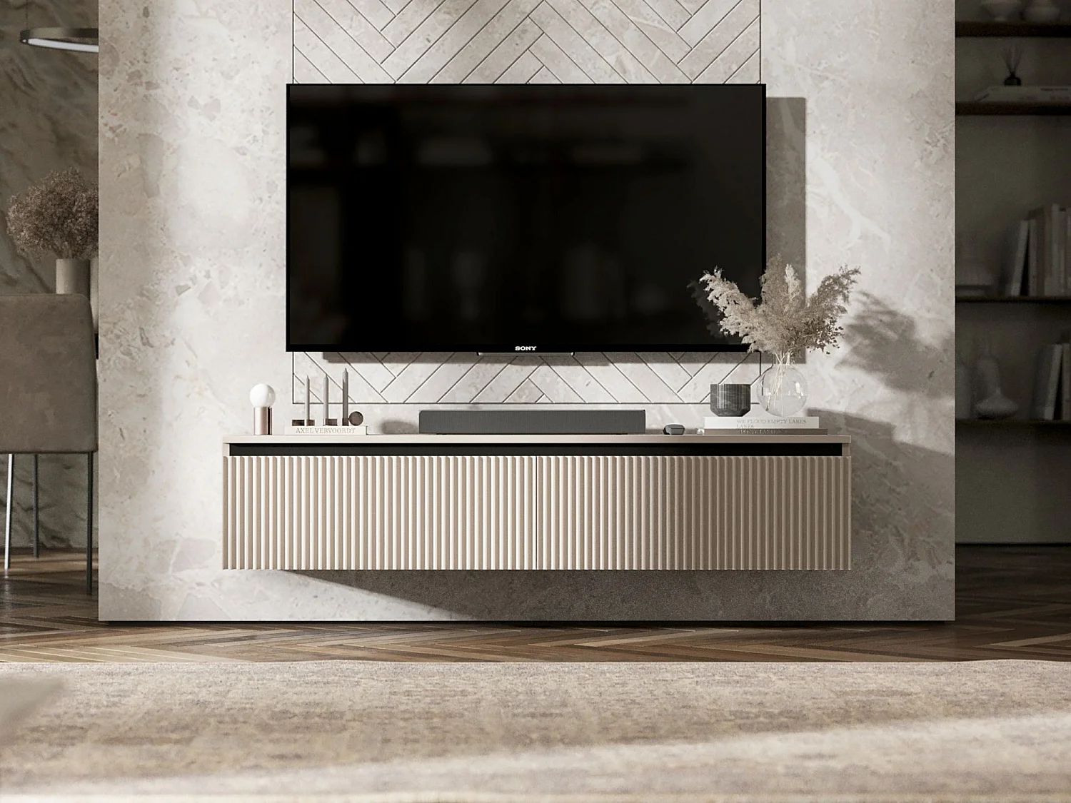 Meuble TV avec 2 portes - Corps cachemire mat, façades rainurées cachemire mat - 140 cm