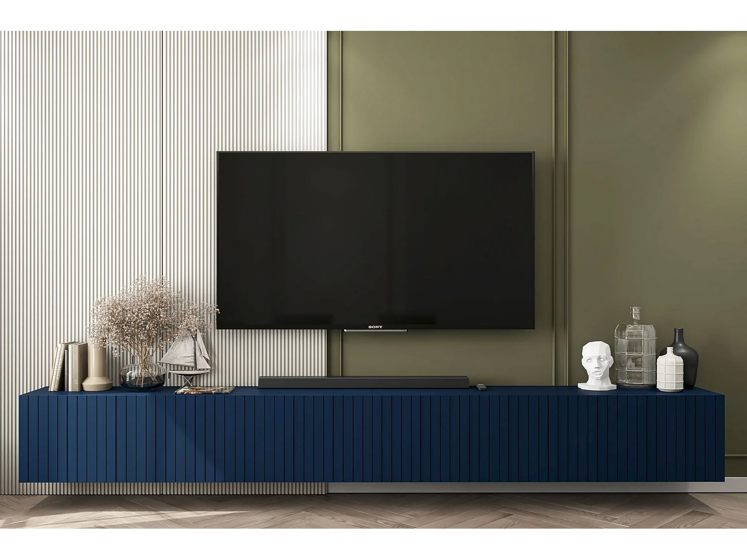 Meuble TV avec 8 portes - Corps Bleu marine mat, façades rainurées Bleu marine mat - 300 cm