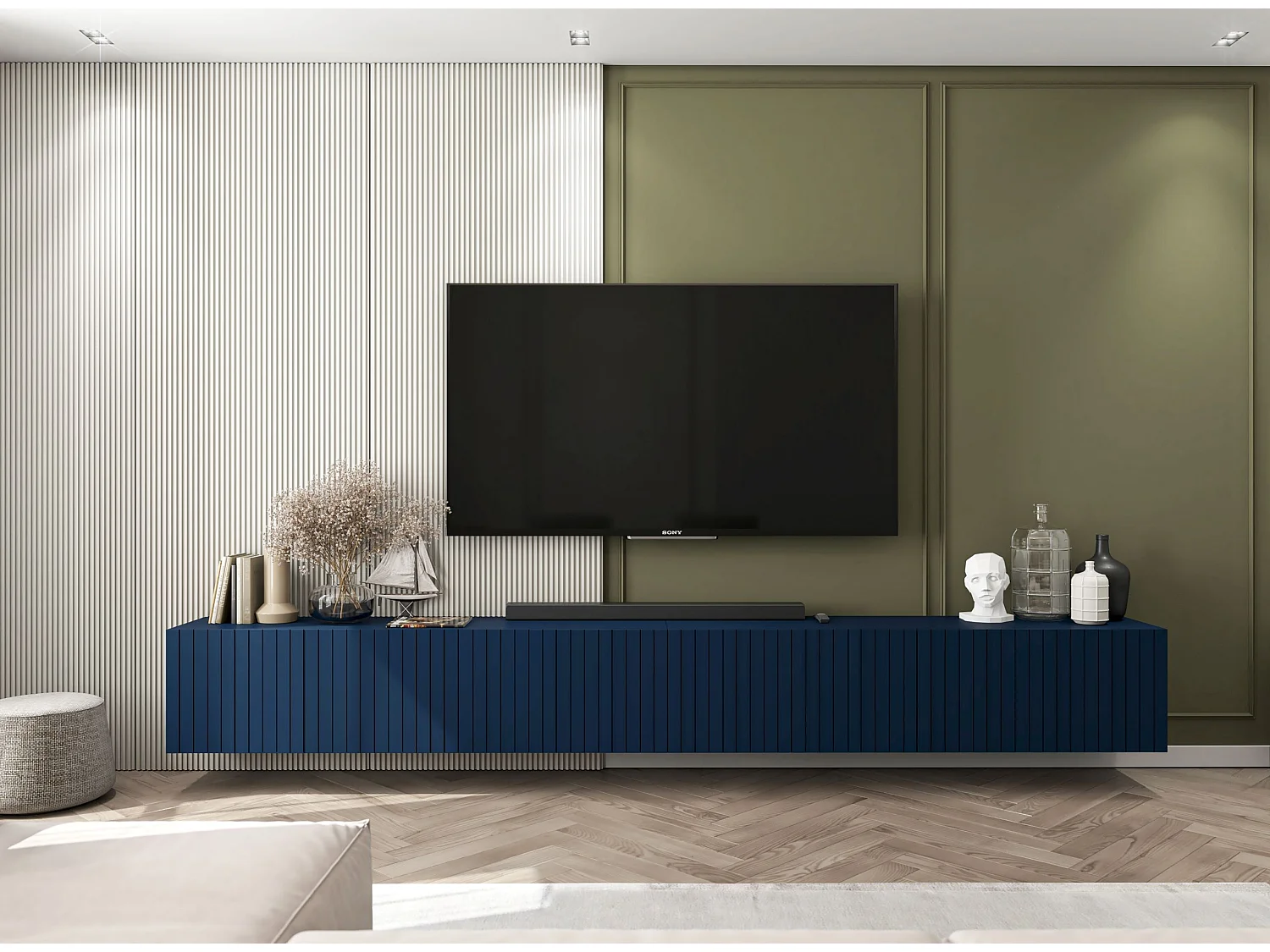 Meuble TV avec 8 portes - Corps Bleu marine mat, façades rainurées Bleu marine mat - 300 cm