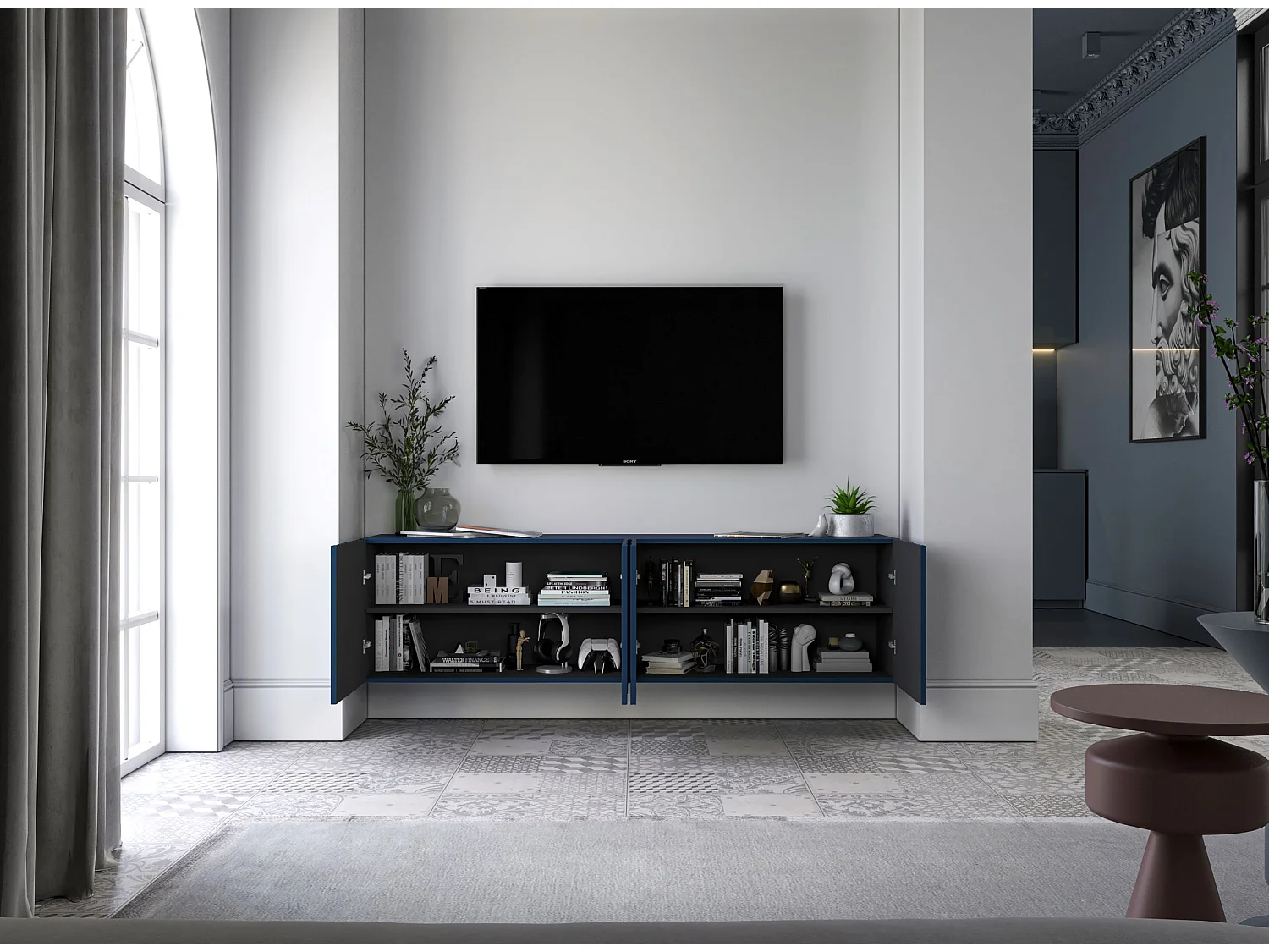 Meuble TV avec 8 portes - Corps Bleu marine mat, façades rainurées Bleu marine mat - 300 cm