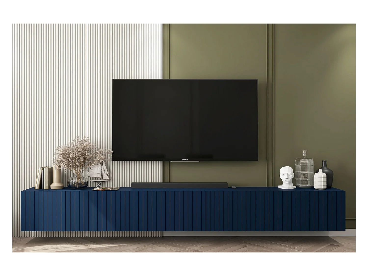 Meuble TV avec 8 portes - Corps Bleu marine mat, façades rainurées Bleu marine mat - 300 cm