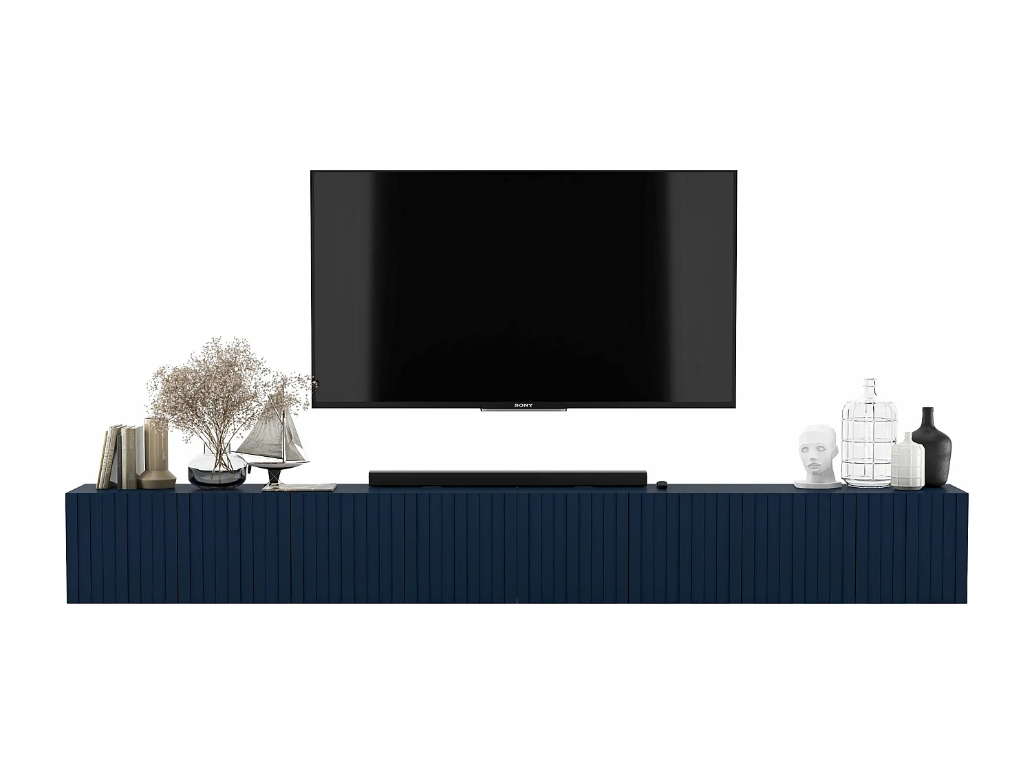 Meuble TV avec 8 portes - Corps Bleu marine mat, façades rainurées Bleu marine mat - 300 cm