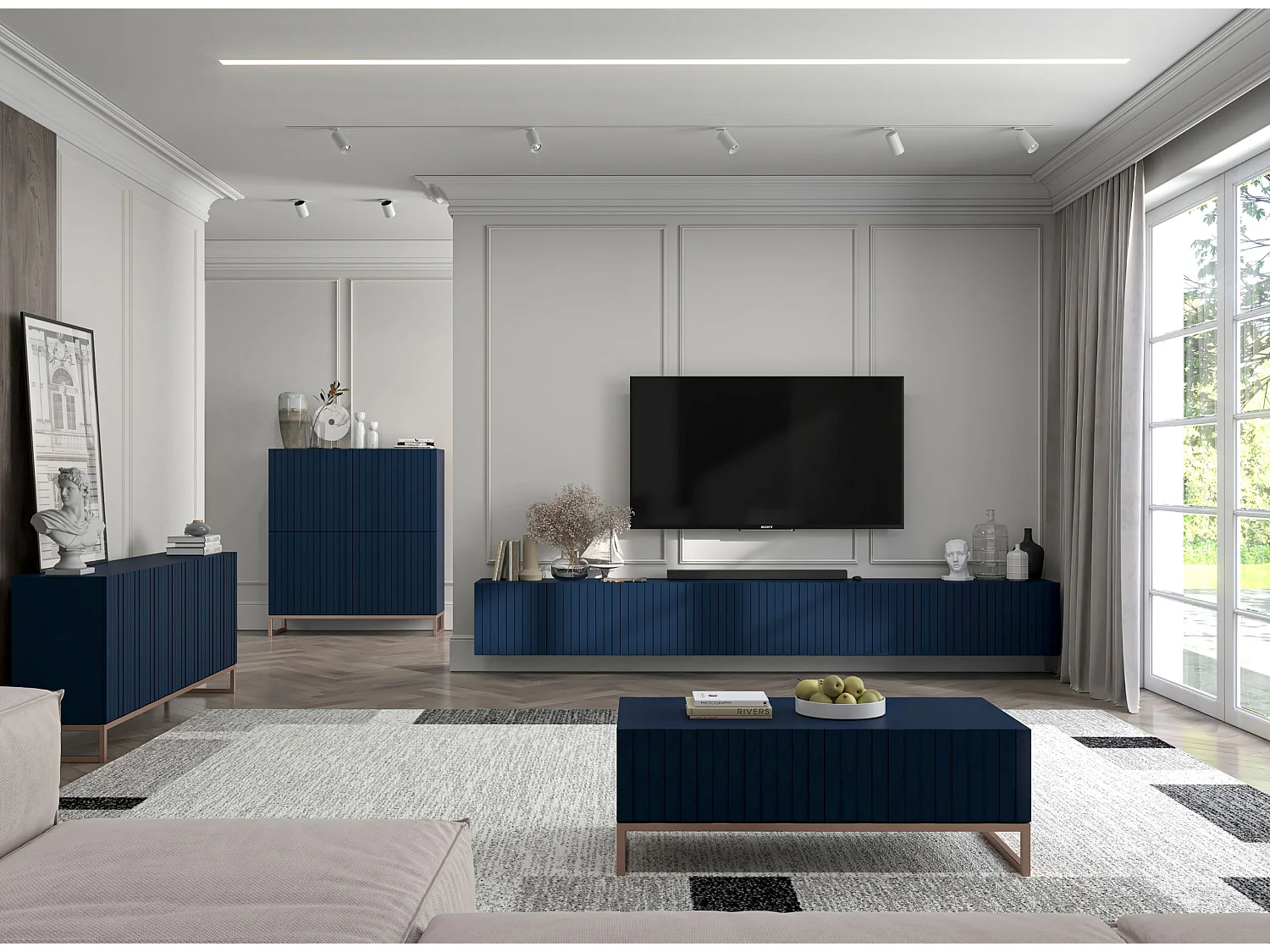 Meuble TV avec 8 portes - Corps Bleu marine mat, façades rainurées Bleu marine mat - 300 cm