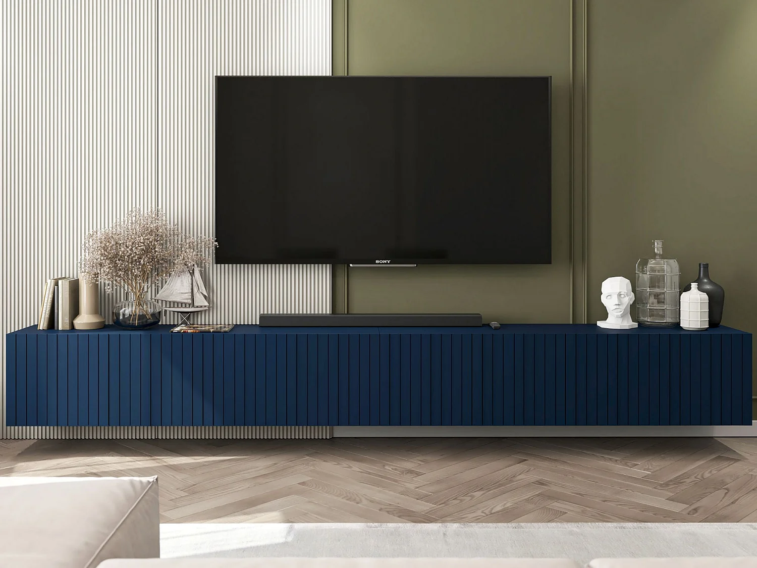 Szafka RTV z 8 drzwiami – Korpus Granatowy mat, frezowane fronty Granatowy mat – 300 cm