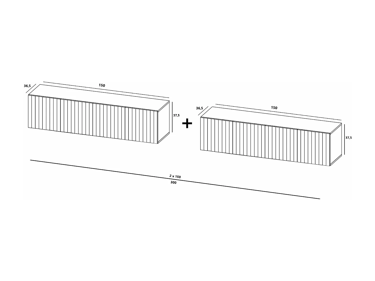 Meuble TV avec 8 portes - Corps Noir mat, façades rainurées Noir mat - 300 cm