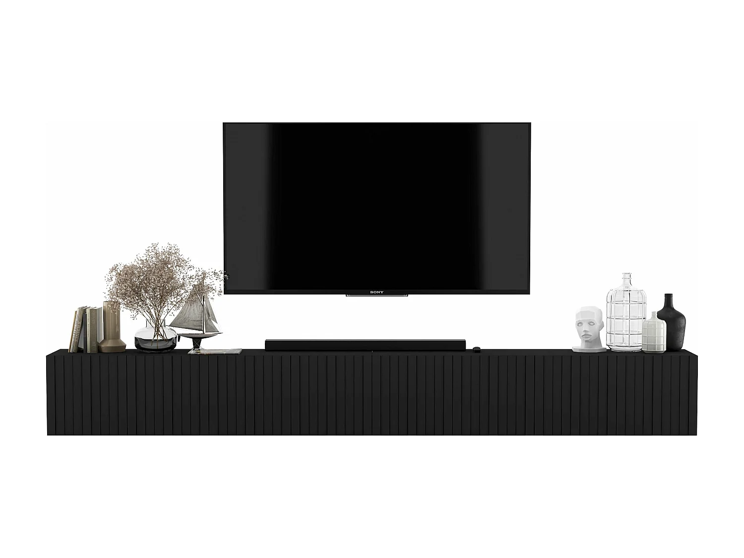 Meuble TV avec 8 portes - Corps Noir mat, façades rainurées Noir mat - 300 cm