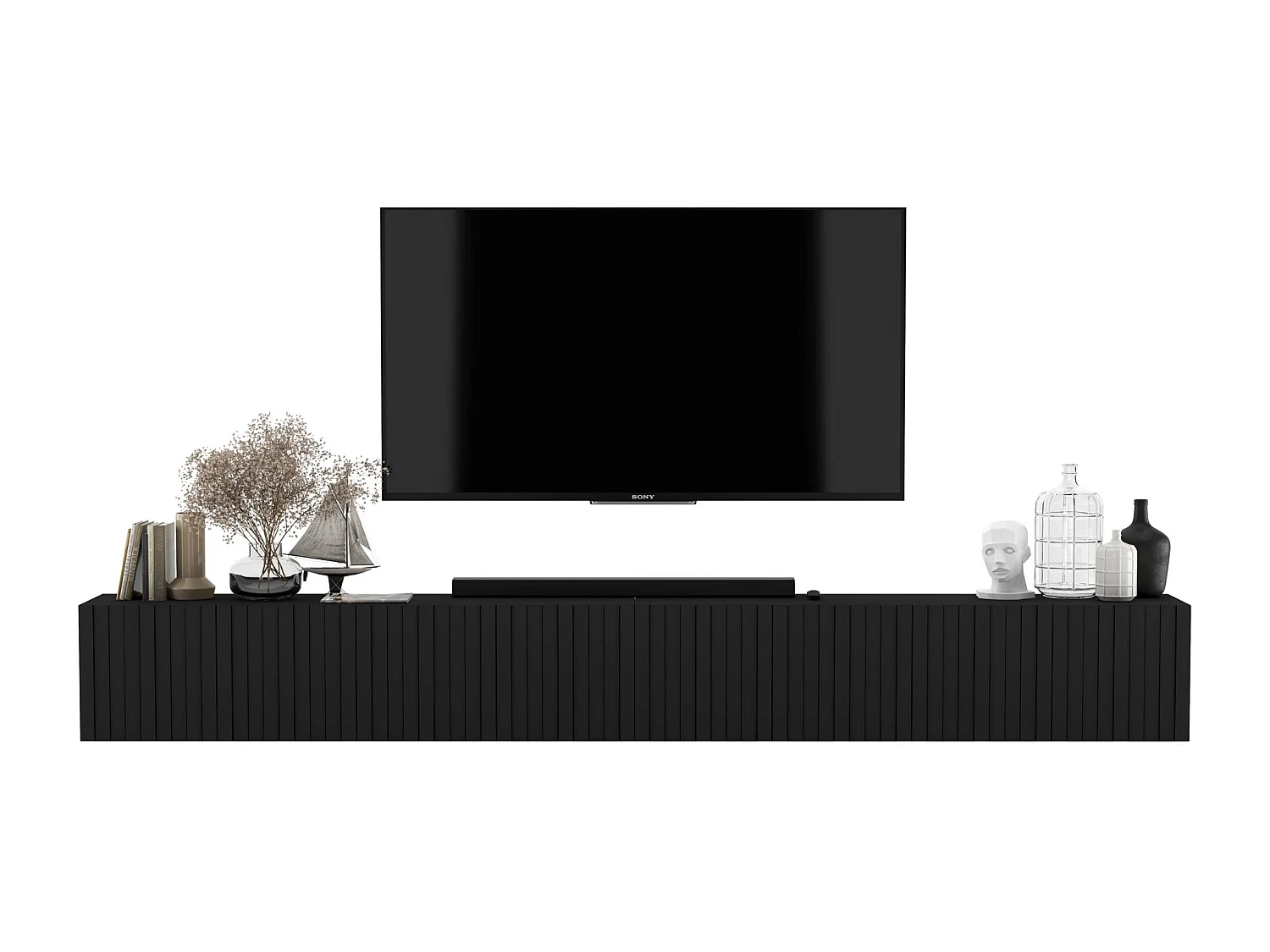 Mobile TV con 8 ante - Corpo Nero opaco, frontali scanalati Nero opaco - 300 cm