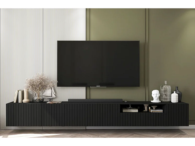 Meuble TV avec 7 portes et niche - corps Noir mat, façades cannelées Noi mat - 300 cm