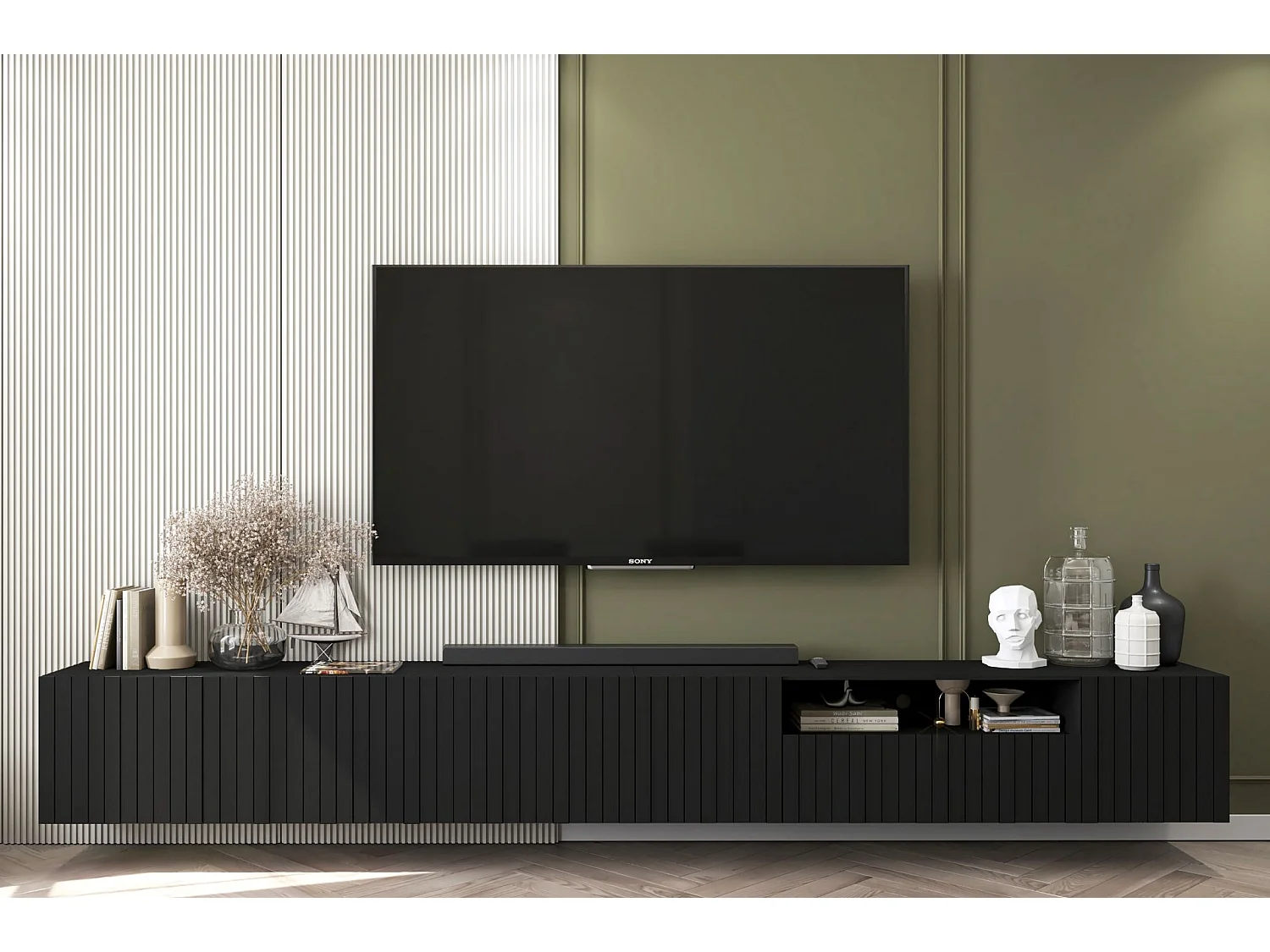 Meuble TV avec 7 portes et niche - corps Noir mat, façades cannelées Noi mat - 300 cm