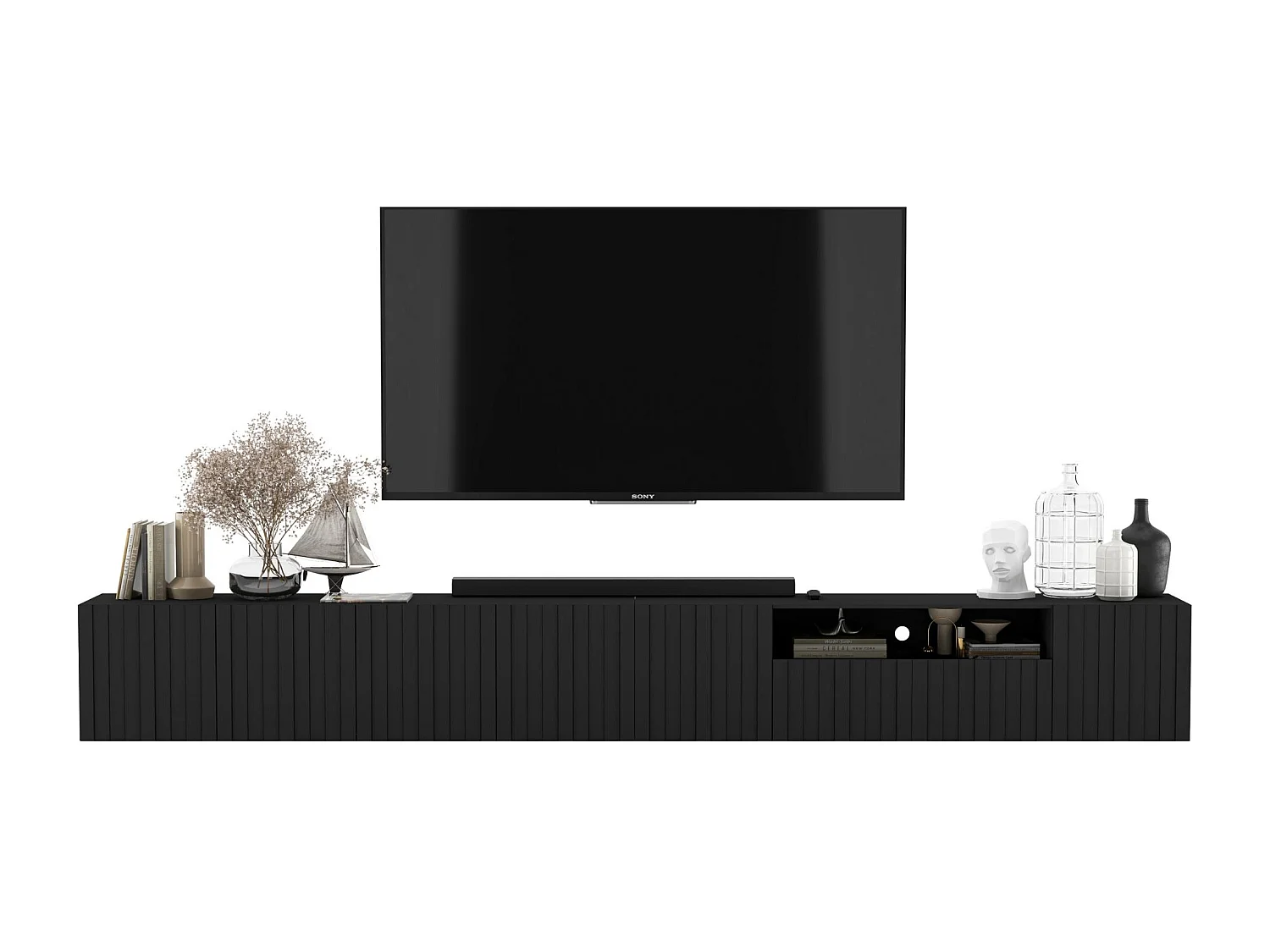Meuble TV avec 7 portes et niche - corps Noir mat, façades cannelées Noi mat - 300 cm