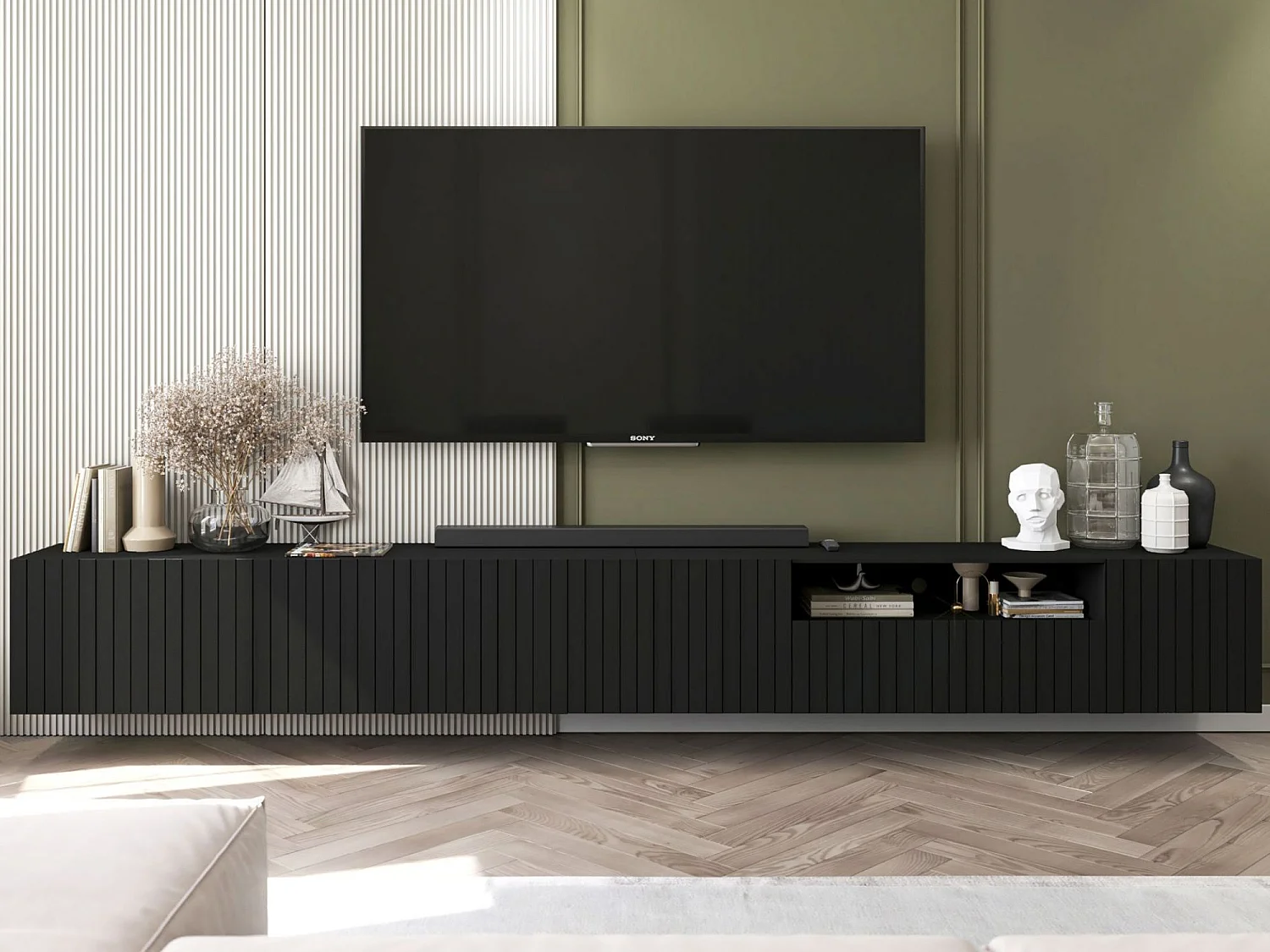 Meuble TV avec 7 portes et niche - corps Noir mat, façades cannelées Noi mat - 300 cm