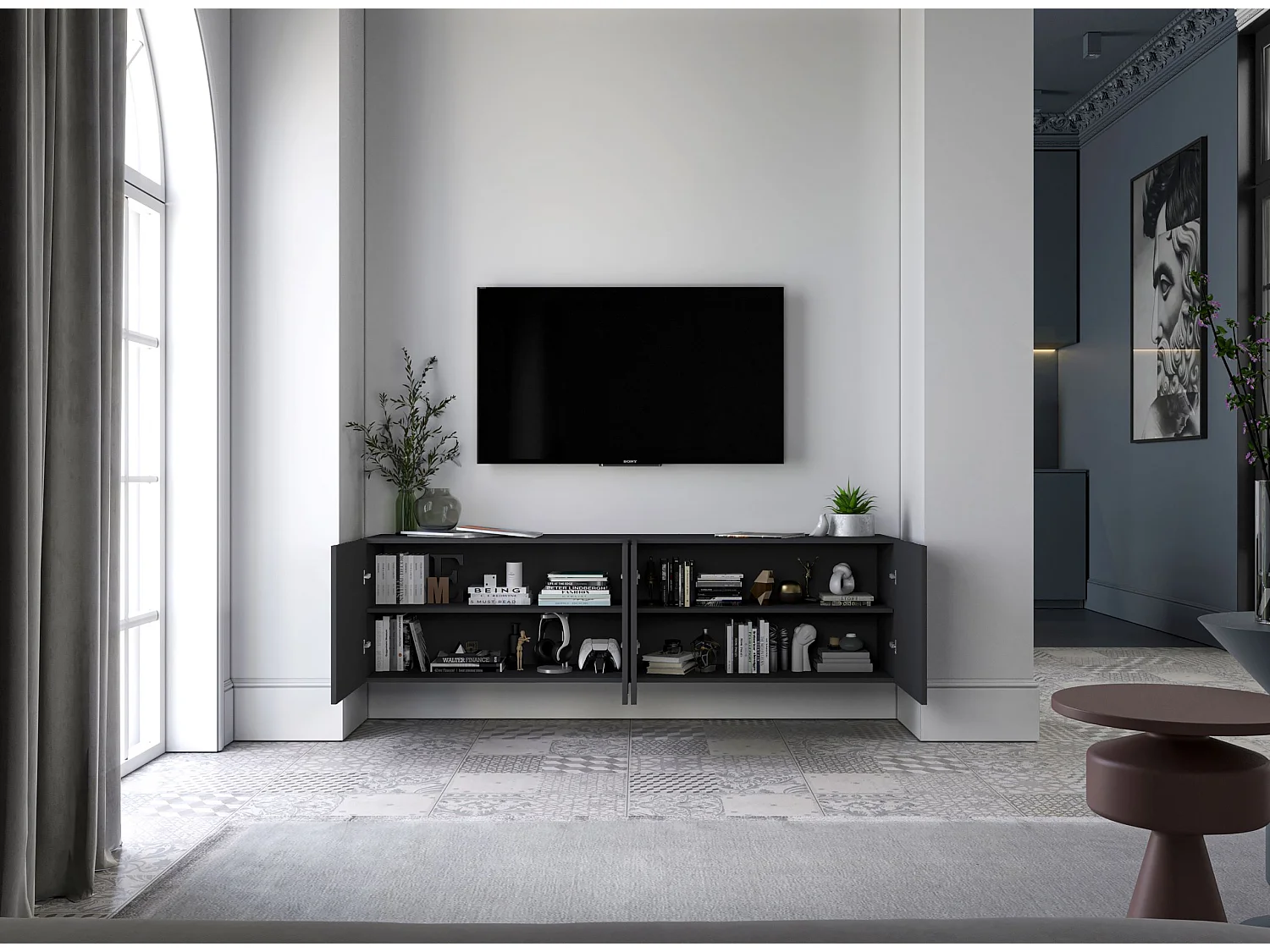 Meuble TV avec 7 portes et niche - corps Noir mat, façades cannelées Noi mat - 300 cm