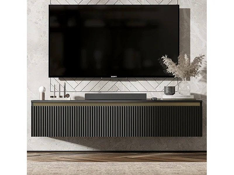 Meuble TV avec 2 portes - Corps noir mat, façades rainurées noir mat - 140 cm