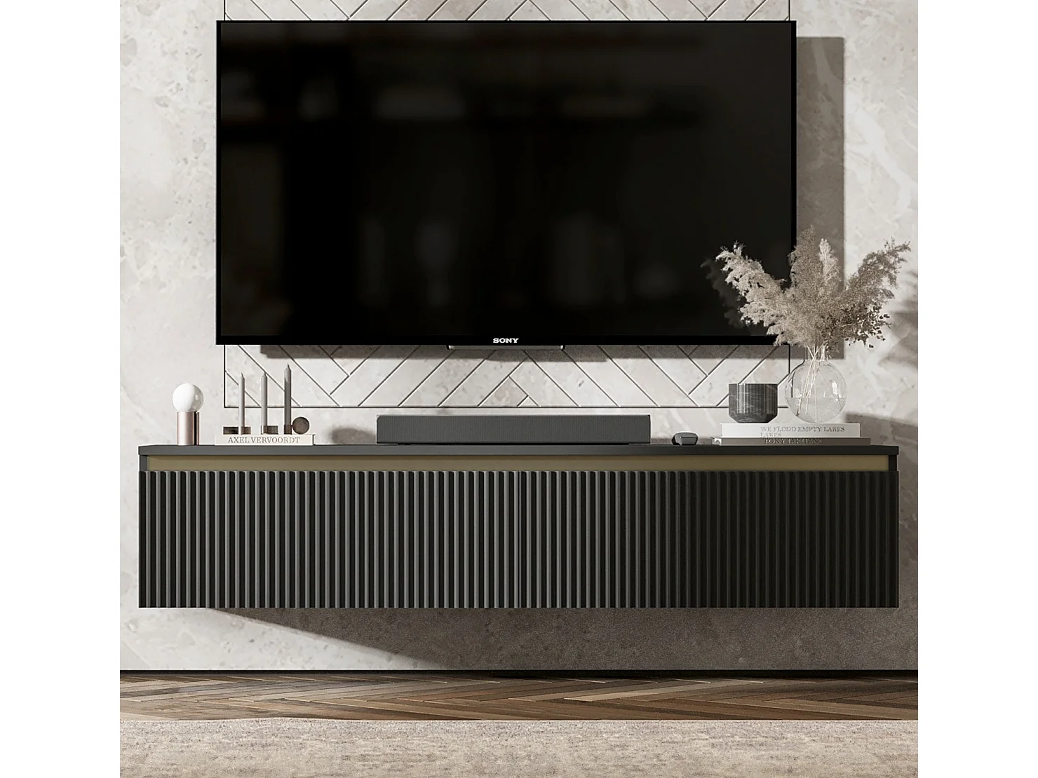 Meuble TV avec 2 portes - Corps noir mat, façades rainurées noir mat - 140 cm