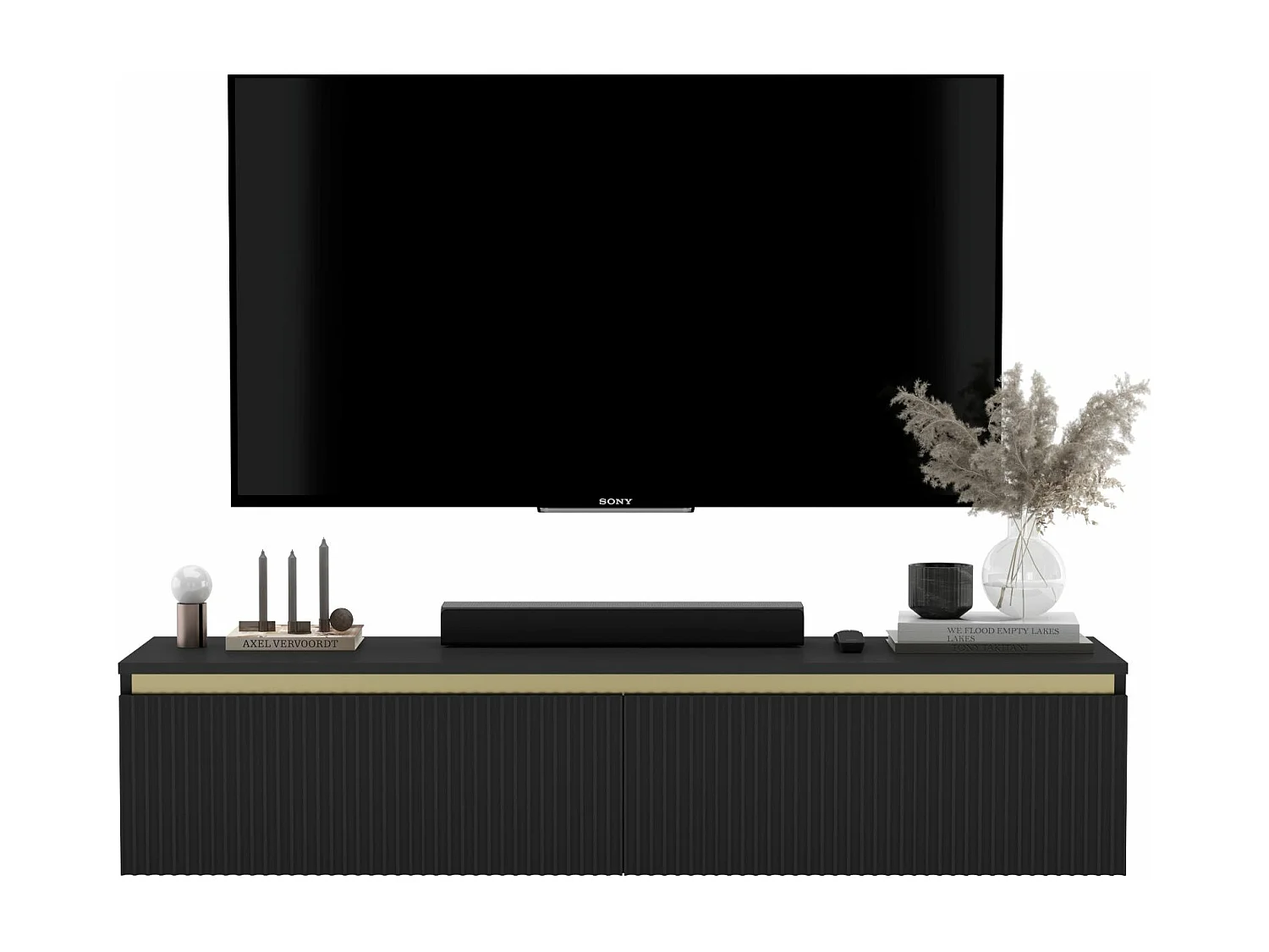 Meuble TV suspendu - Meuble TV Glamour SELENE - deux portes - Moderne - Lindner Möbel - 140 cm x 30 cm x 35 cm, Couleur : Noir mat - Feuille italienne ultra-mate