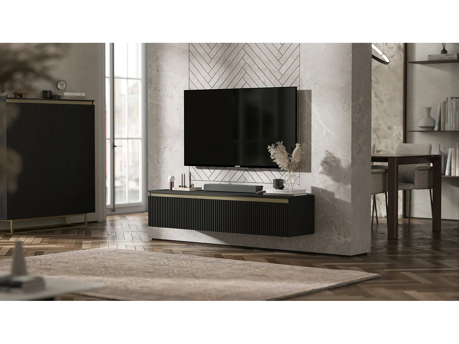 Meuble TV suspendu - Meuble TV Glamour SELENE - deux portes - Moderne - Lindner Möbel - 140 cm x 30 cm x 35 cm, Couleur : Noir mat - Feuille italienne ultra-mate