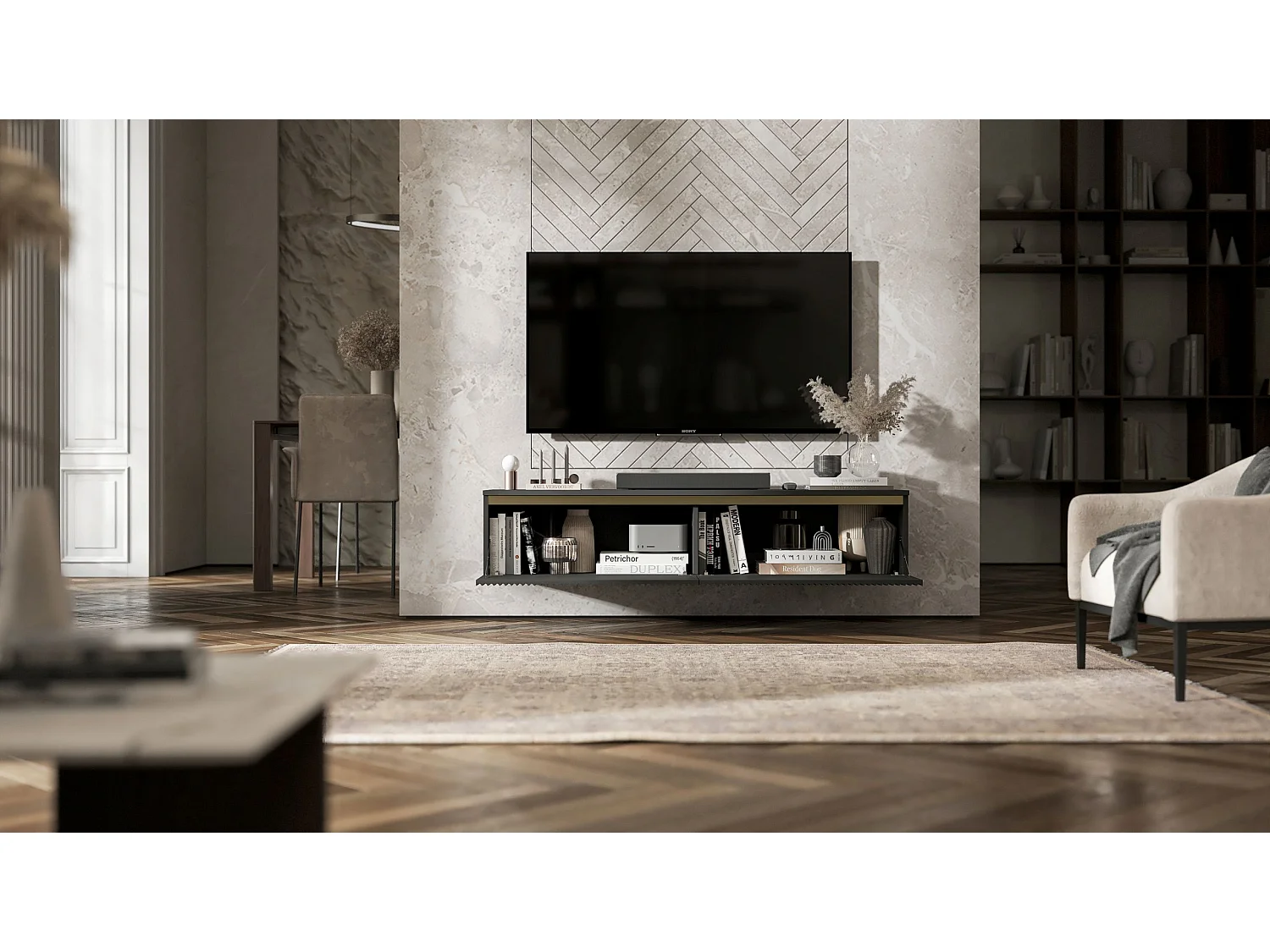 Meuble TV suspendu - Meuble TV Glamour SELENE - deux portes - Moderne - Lindner Möbel - 140 cm x 30 cm x 35 cm, Couleur : Noir mat - Feuille italienne ultra-mate