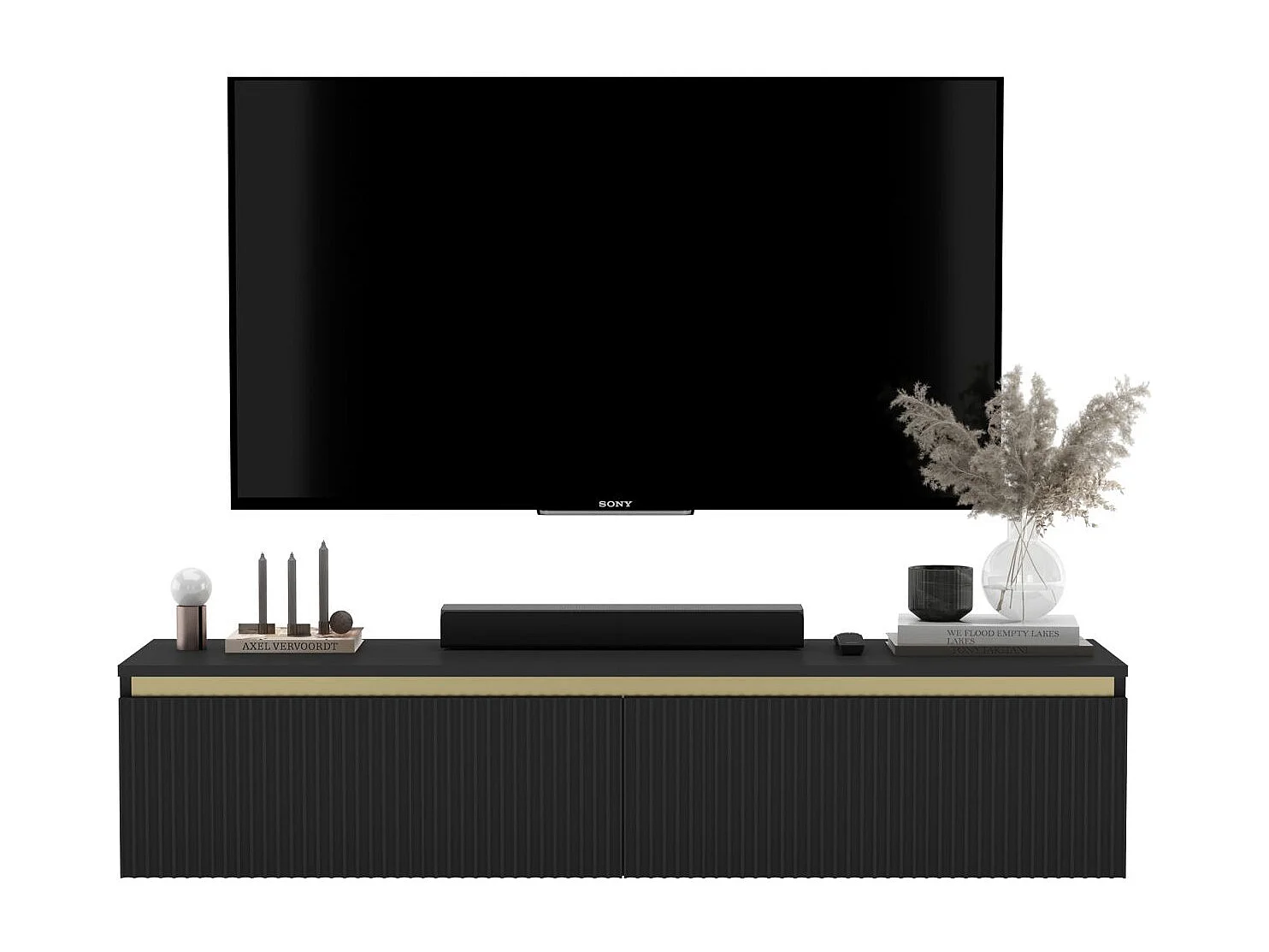 Meuble TV avec 2 portes - Corps noir mat, façades rainurées noir mat - 140 cm