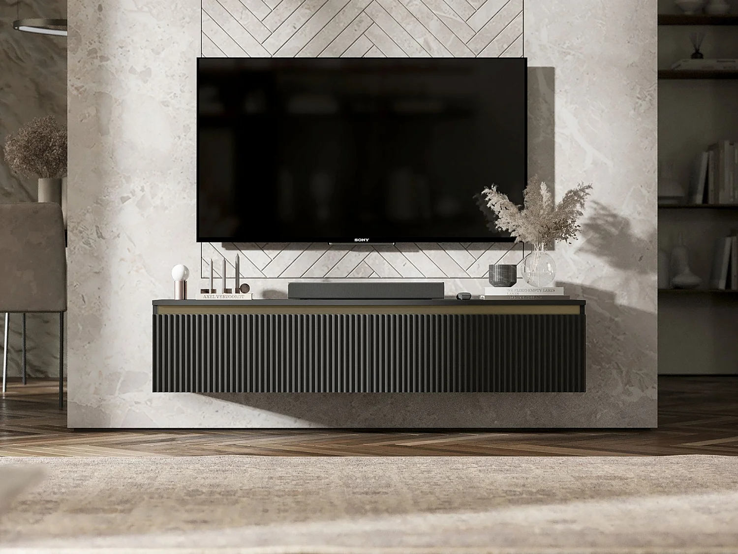 Meuble TV avec 2 portes - Corps noir mat, façades rainurées noir mat - 140 cm