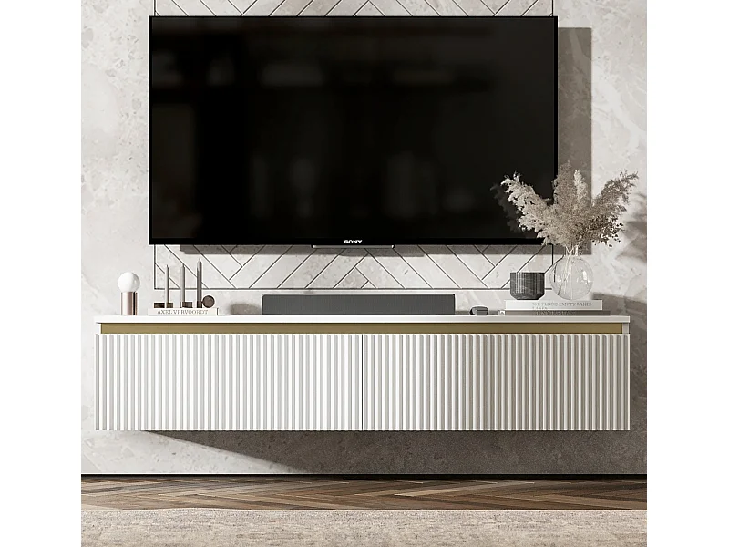 Meuble TV avec 2 portes - Corps blanc mat, façades rainurées blanc mat - 140 cm