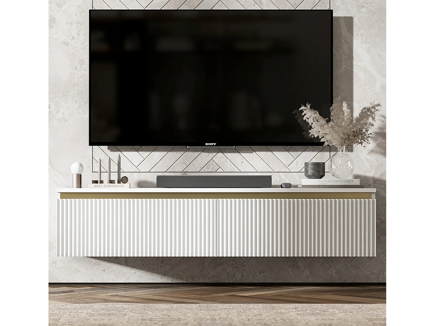 Meuble TV avec 2 portes - Corps blanc mat, façades rainurées blanc mat - 140 cm