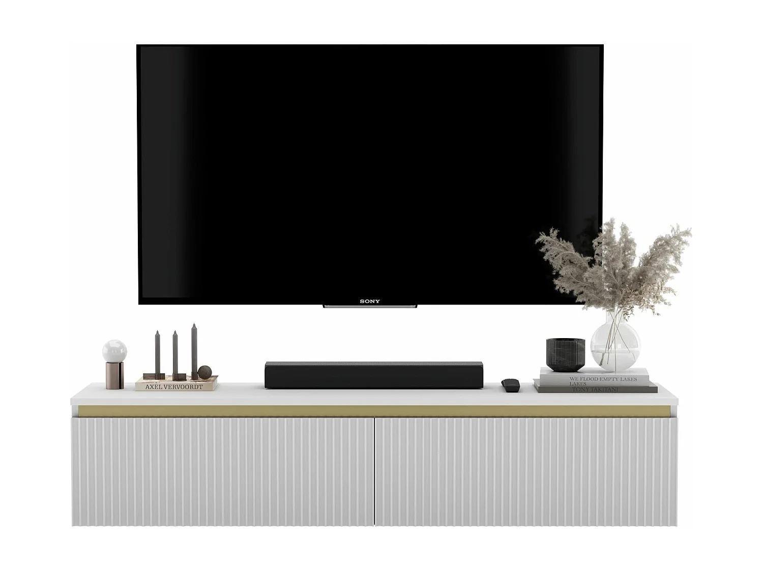 Meuble TV avec 2 portes - Corps blanc mat, façades rainurées blanc mat - 140 cm