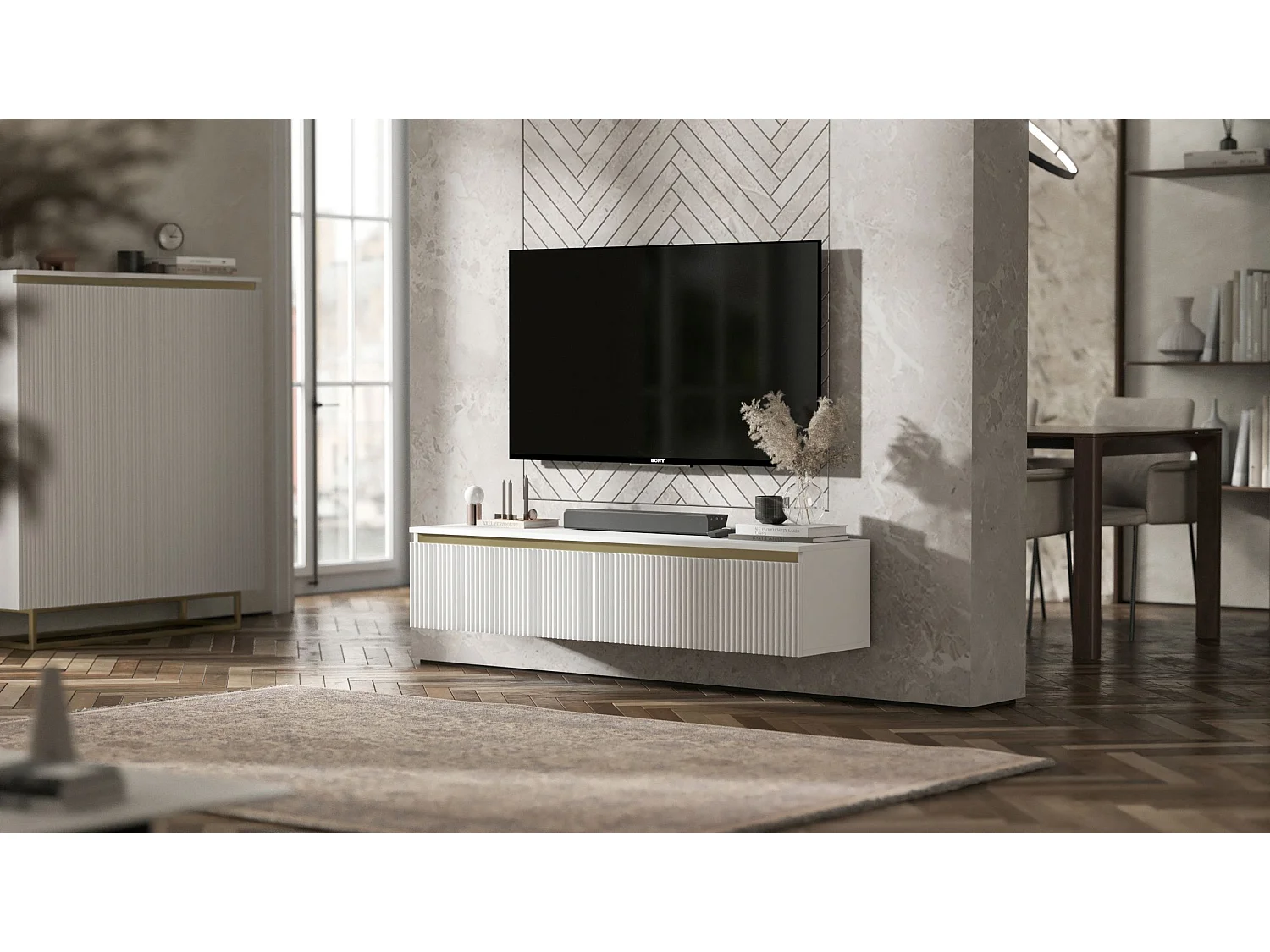 Meuble TV avec 2 portes - Corps blanc mat, façades rainurées blanc mat - 140 cm