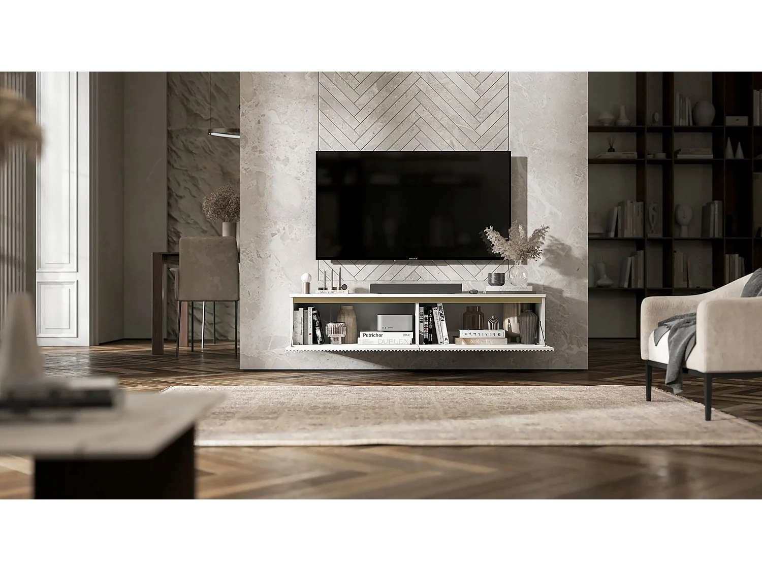 Meuble TV avec 2 portes - Corps blanc mat, façades rainurées blanc mat - 140 cm