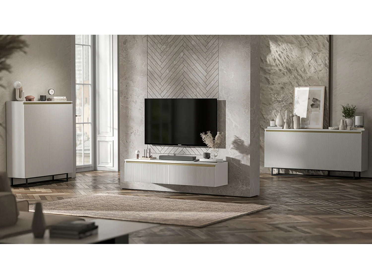 Meuble TV avec 2 portes - Corps blanc mat, façades rainurées blanc mat - 140 cm