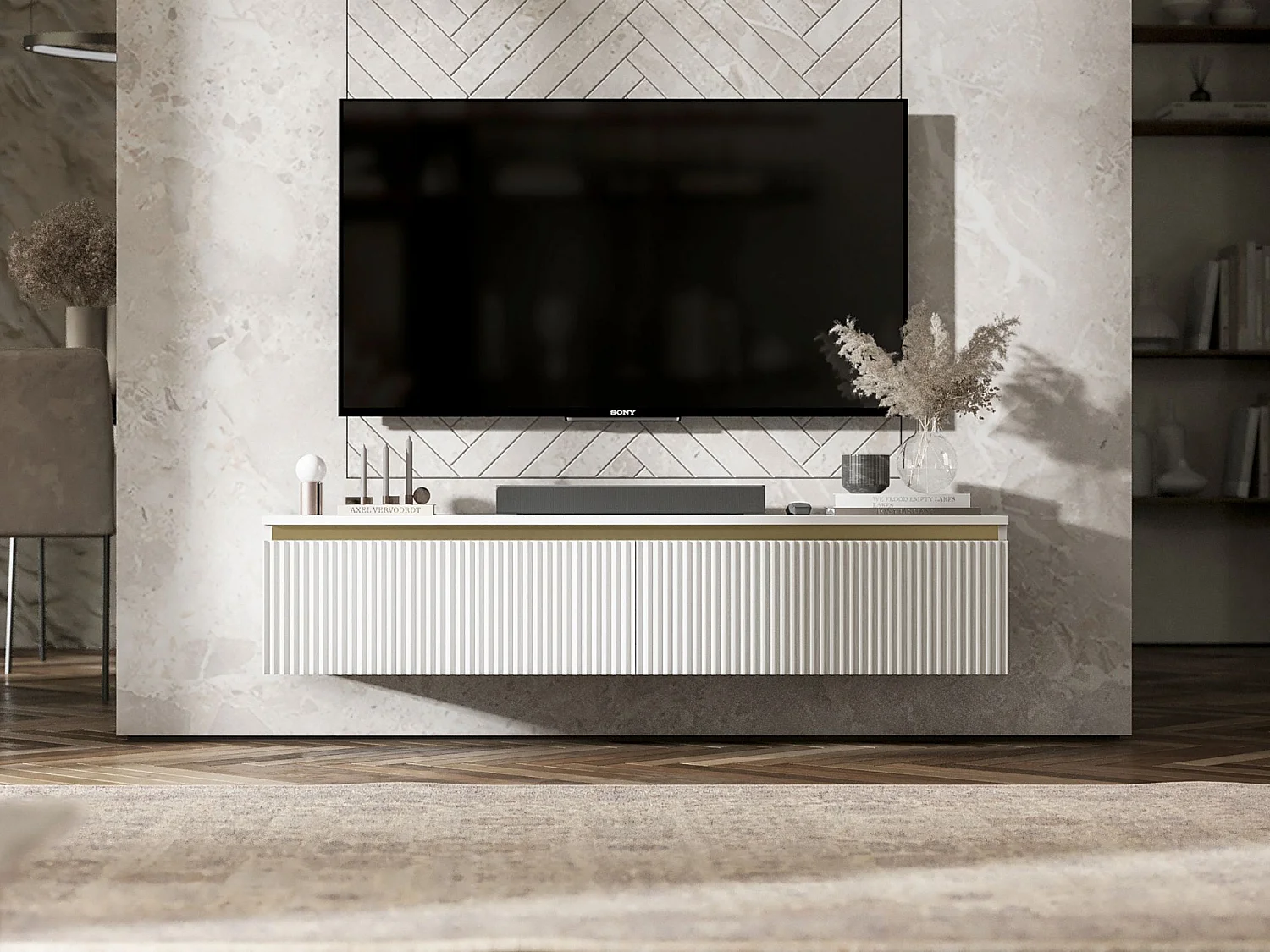 Meuble TV avec 2 portes - Corps blanc mat, façades rainurées blanc mat - 140 cm