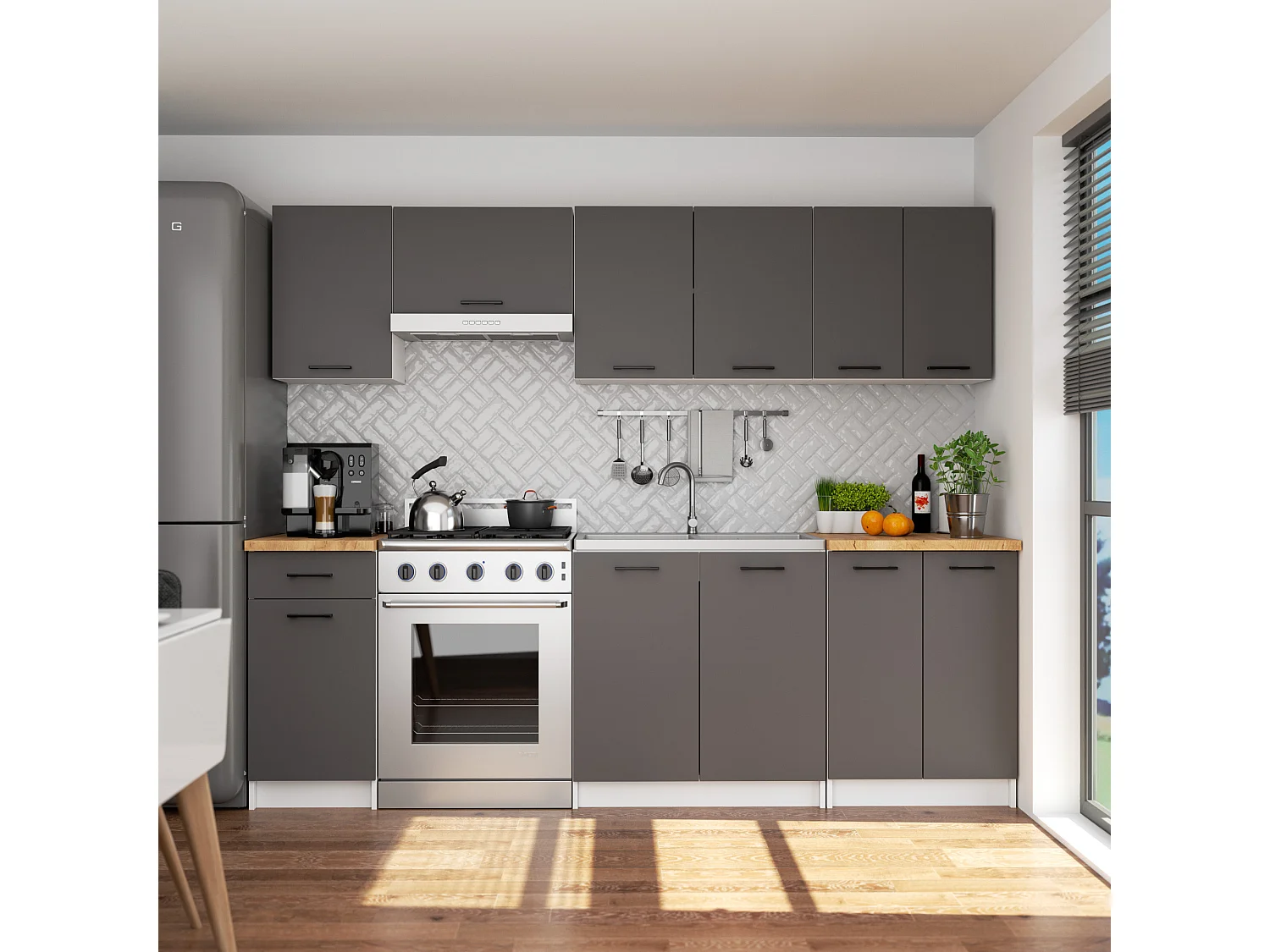 Küchenschrank AKORD OLIWIA modular S40 Unterschrank mit Arbeitsplatte Weiß 40 cm 4 Schubladen Front Graphitgrau B40 x H85 x T46 cm