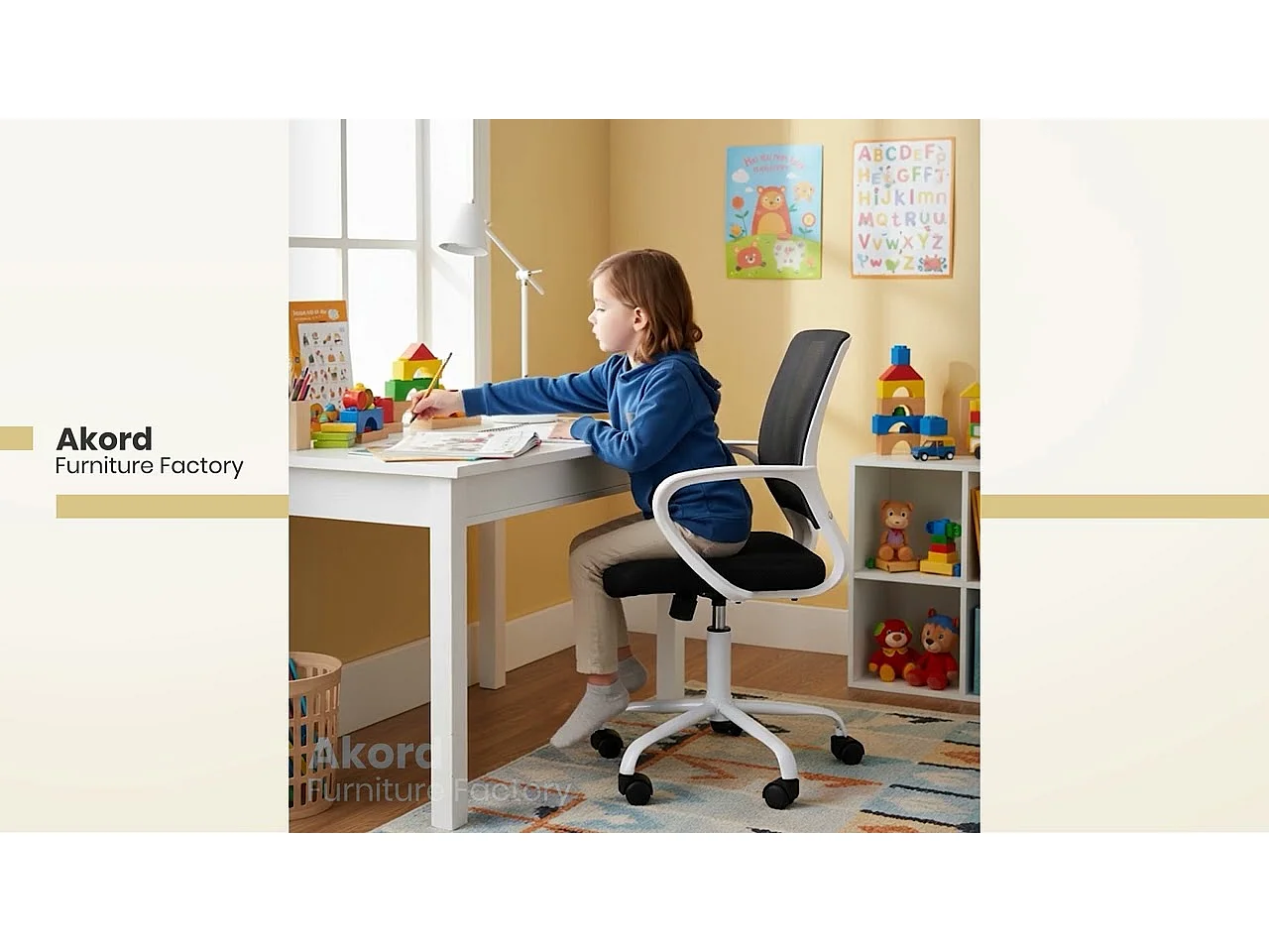 Silla de escritorio infantill FD6 de tela Blanco y Azul