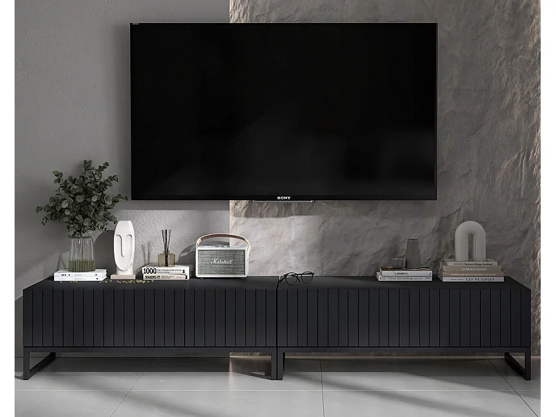 Meuble TV avec 2 portes - Corps Noir mat, façades rainurées Noir mat - 220 cm, Cadre en métal noir