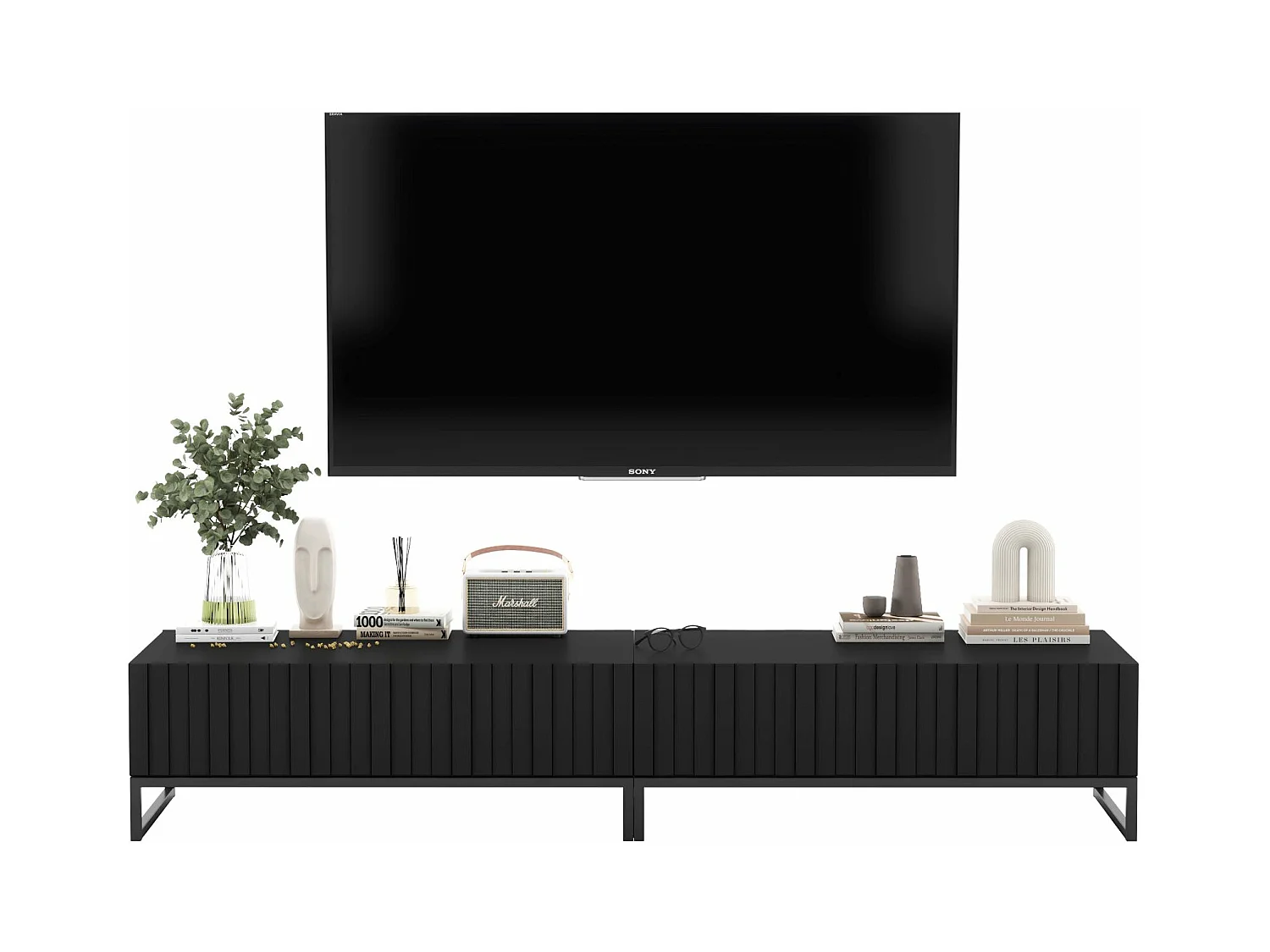 Meuble TV avec 2 portes - Corps Noir mat, façades rainurées Noir mat - 220 cm, Cadre en métal noir