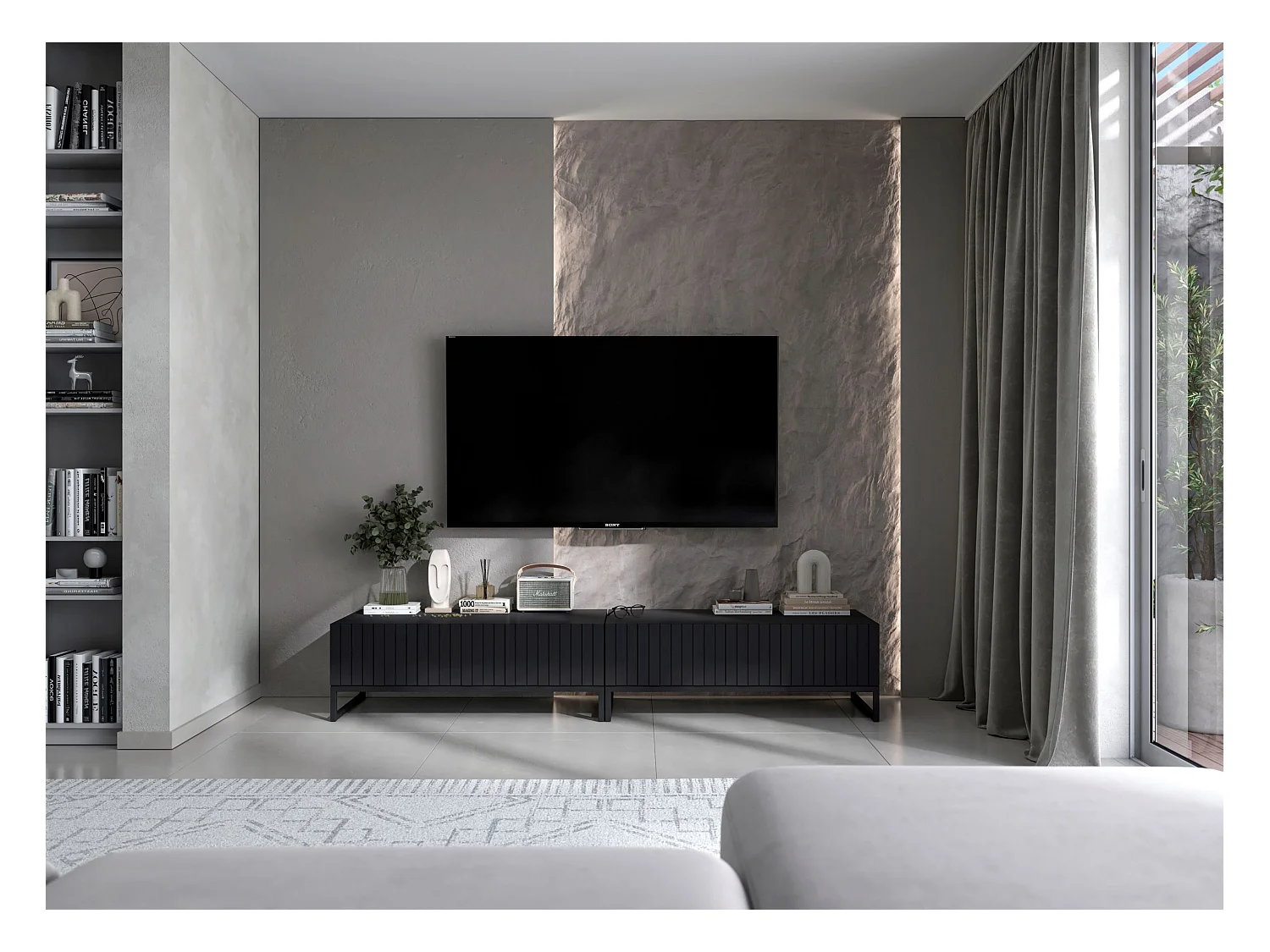 Meuble TV avec 2 portes - Corps Noir mat, façades rainurées Noir mat - 220 cm, Cadre en métal noir