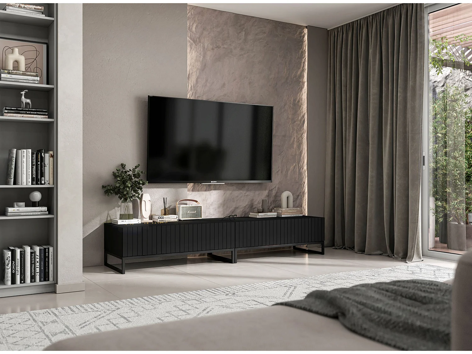 Meuble TV avec 2 portes - Corps Noir mat, façades rainurées Noir mat - 220 cm, Cadre en métal noir