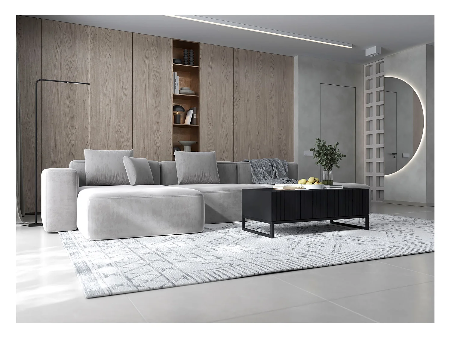 Meuble TV avec 2 portes - Corps Noir mat, façades rainurées Noir mat - 220 cm, Cadre en métal noir