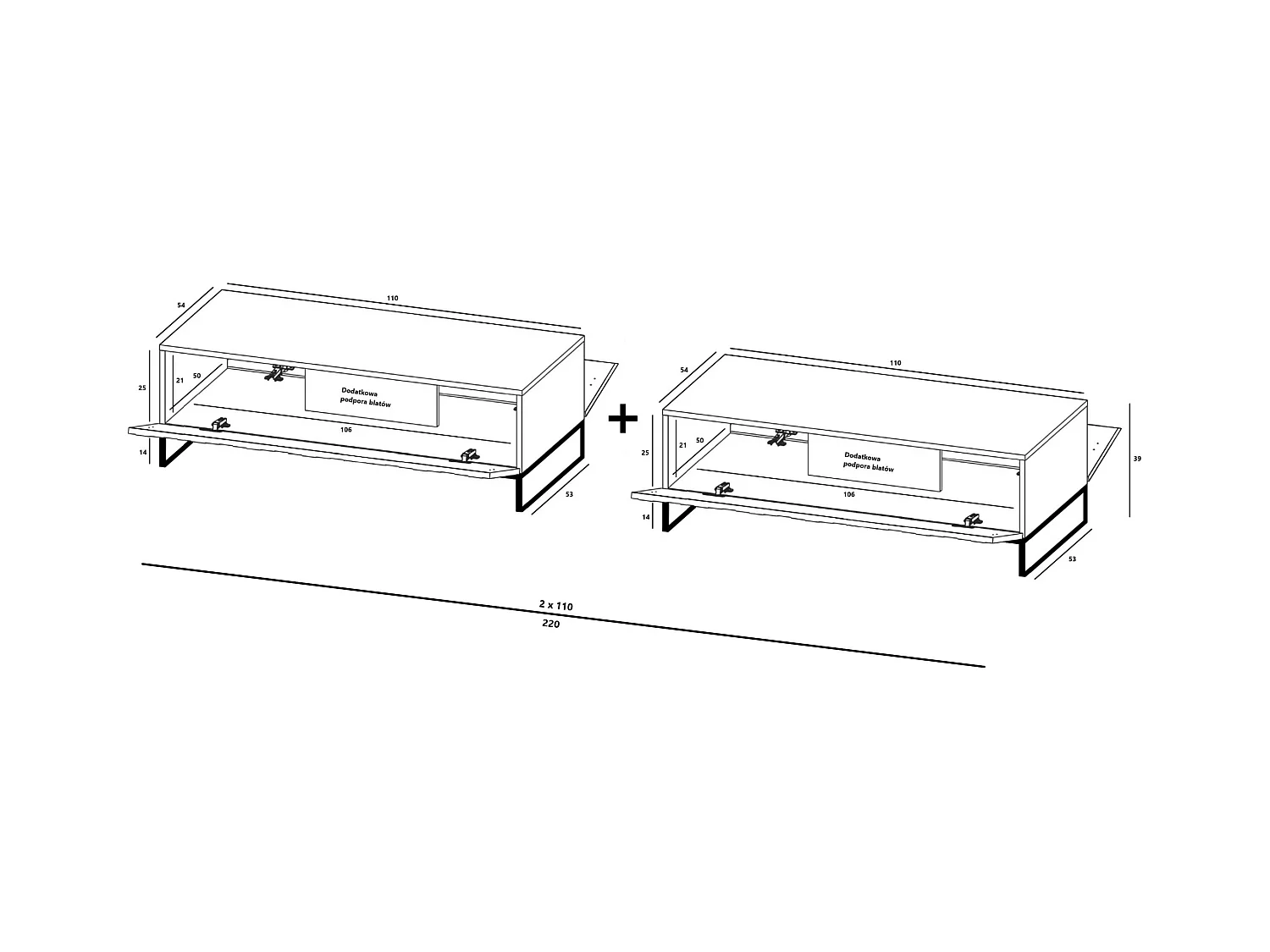Meuble TV avec 2 portes - Corps Noir mat, façades rainurées Noir mat - 220 cm, Cadre en métal noir