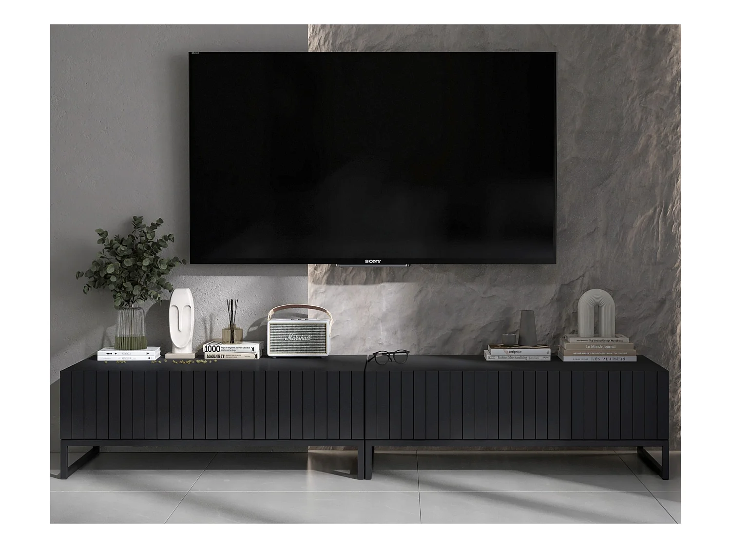 Meuble TV avec 2 portes - Corps Noir mat, façades rainurées Noir mat - 220 cm, Cadre en métal noir