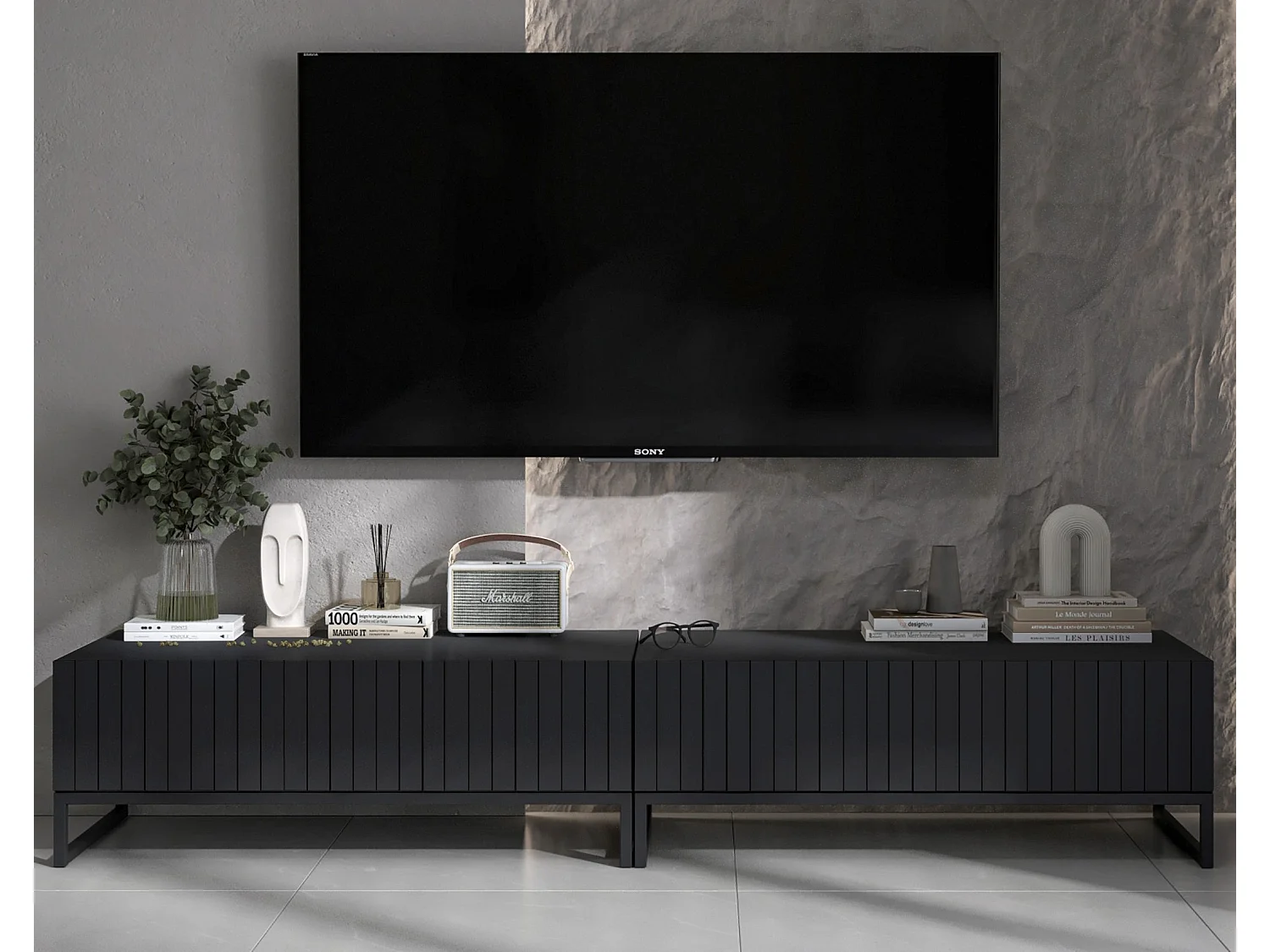 Meuble TV avec 2 portes - Corps Noir mat, façades rainurées Noir mat - 220 cm, Cadre en métal noir