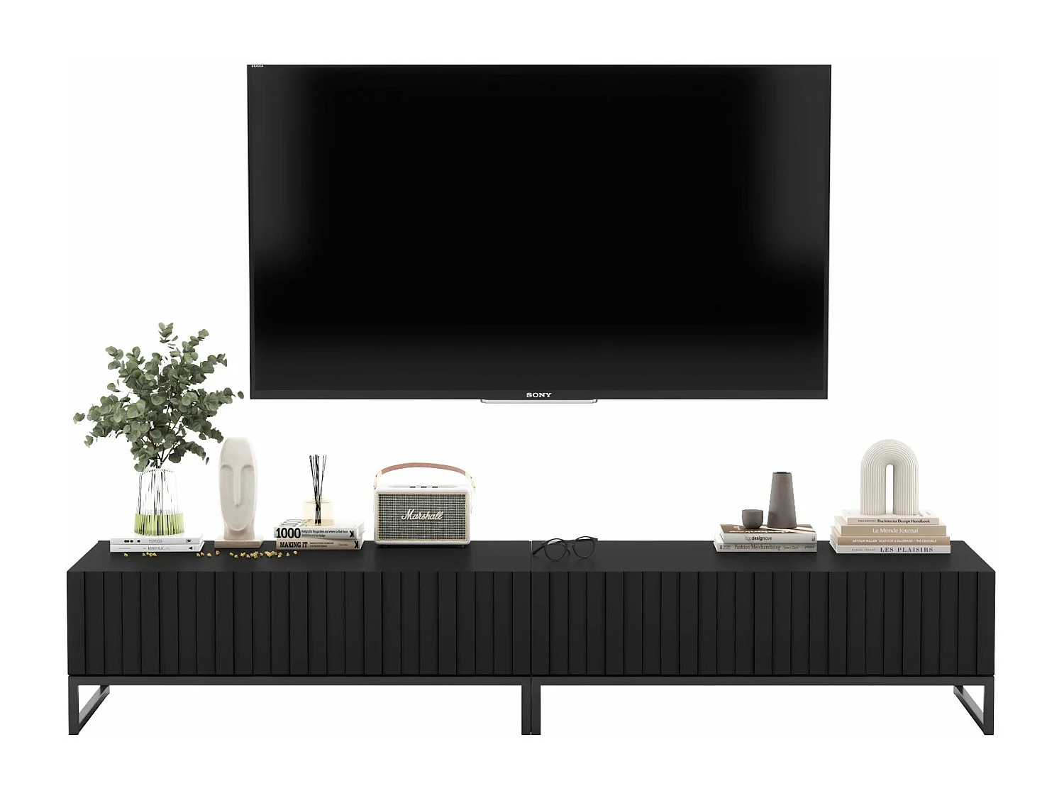 Meuble TV avec 2 portes - Corps Noir mat, façades rainurées Noir mat - 220 cm, Cadre en métal noir