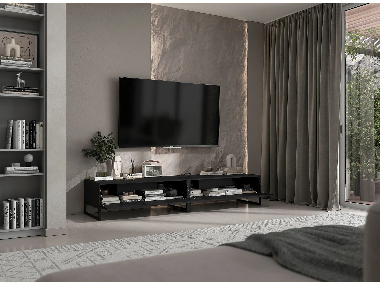 Meuble TV avec 2 portes - Corps Noir mat, façades rainurées Noir mat - 220 cm, Cadre en métal noir