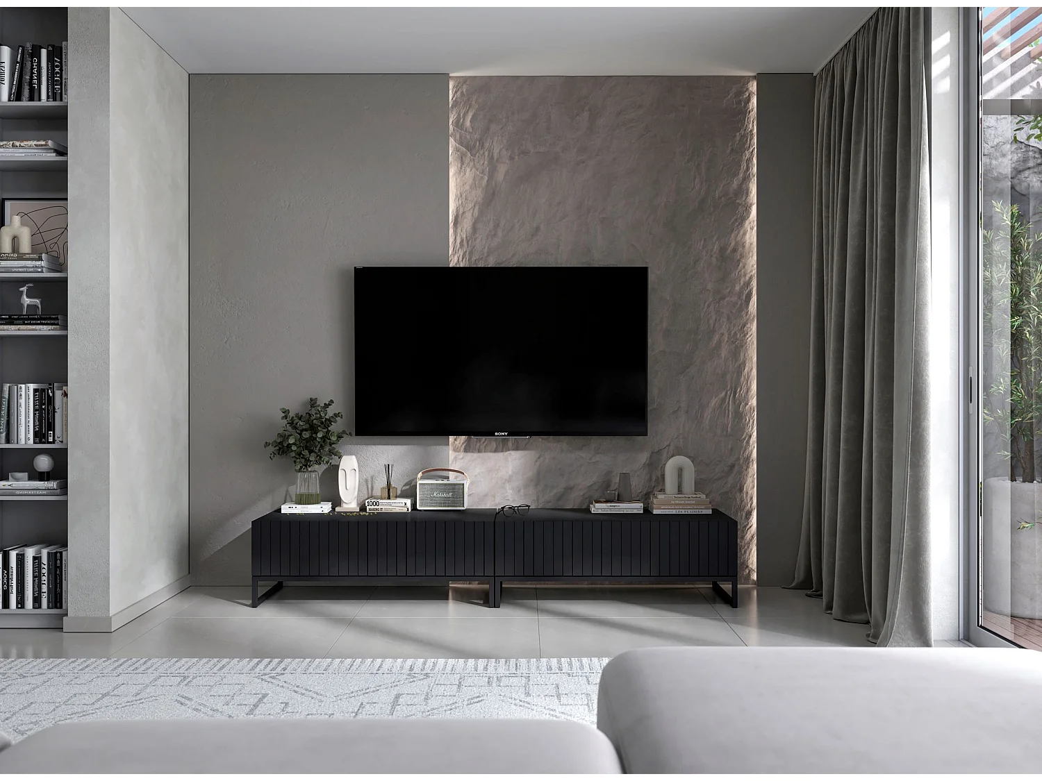 TV-Möbel mit 2 Türen - Korpus Schwarz matt, geriffelte Fronten Schwarz matt - 220 cm, Rahmen aus schwarzem Metall