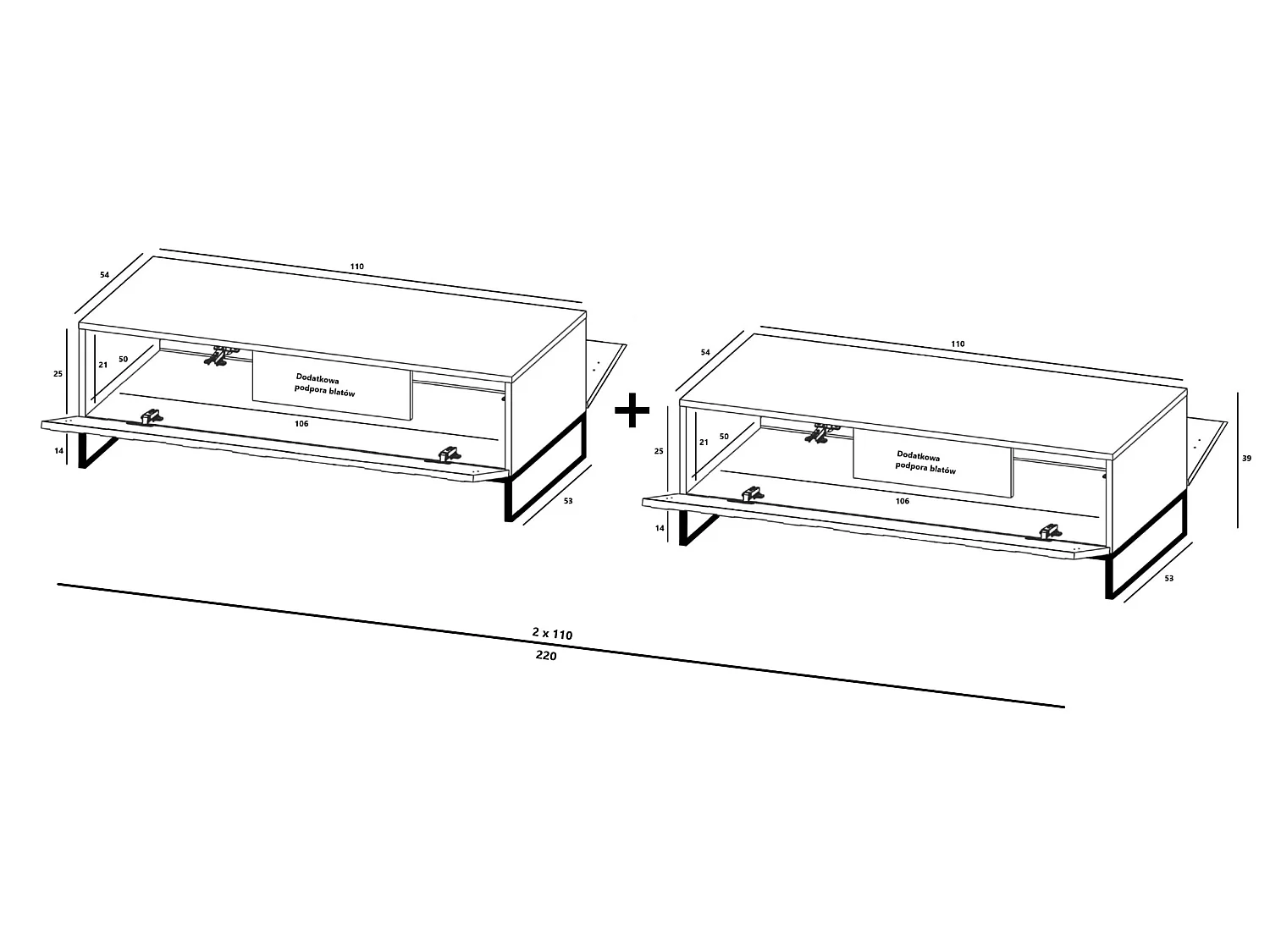 TV-Möbel mit 2 Türen - Korpus Schwarz matt, geriffelte Fronten Schwarz matt - 220 cm, Rahmen aus schwarzem Metall