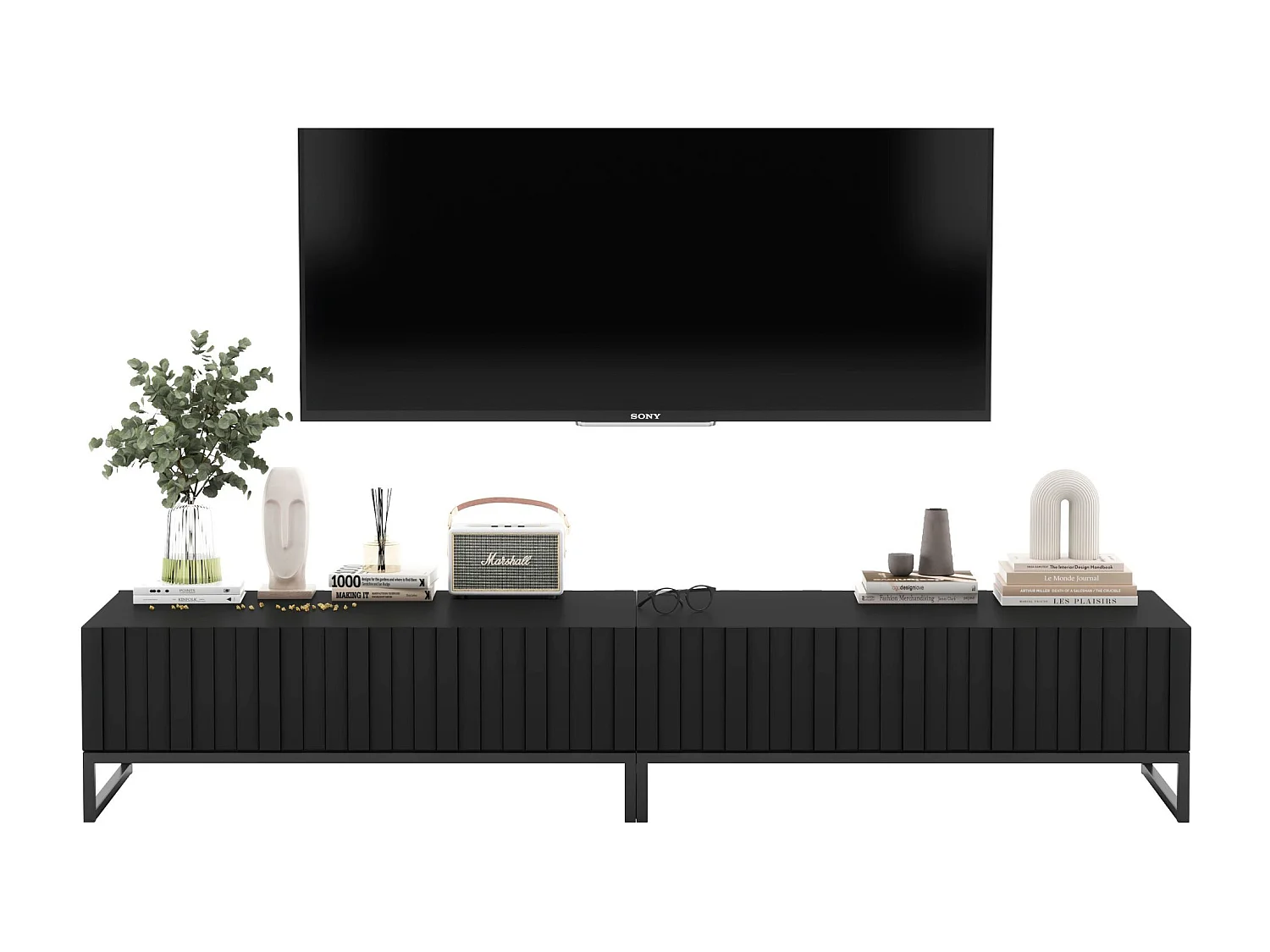 Meuble TV avec 2 portes - Corps Noir mat, façades rainurées Noir mat - 220 cm, Cadre en métal noir
