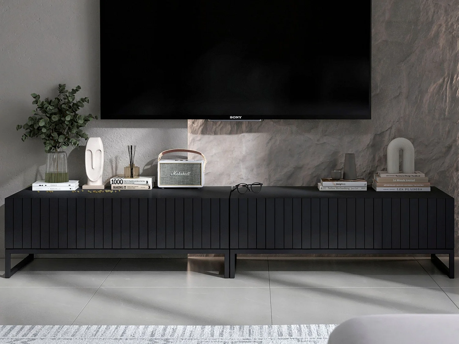 Meuble TV avec 2 portes - Corps Noir mat, façades rainurées Noir mat - 220 cm, Cadre en métal noir