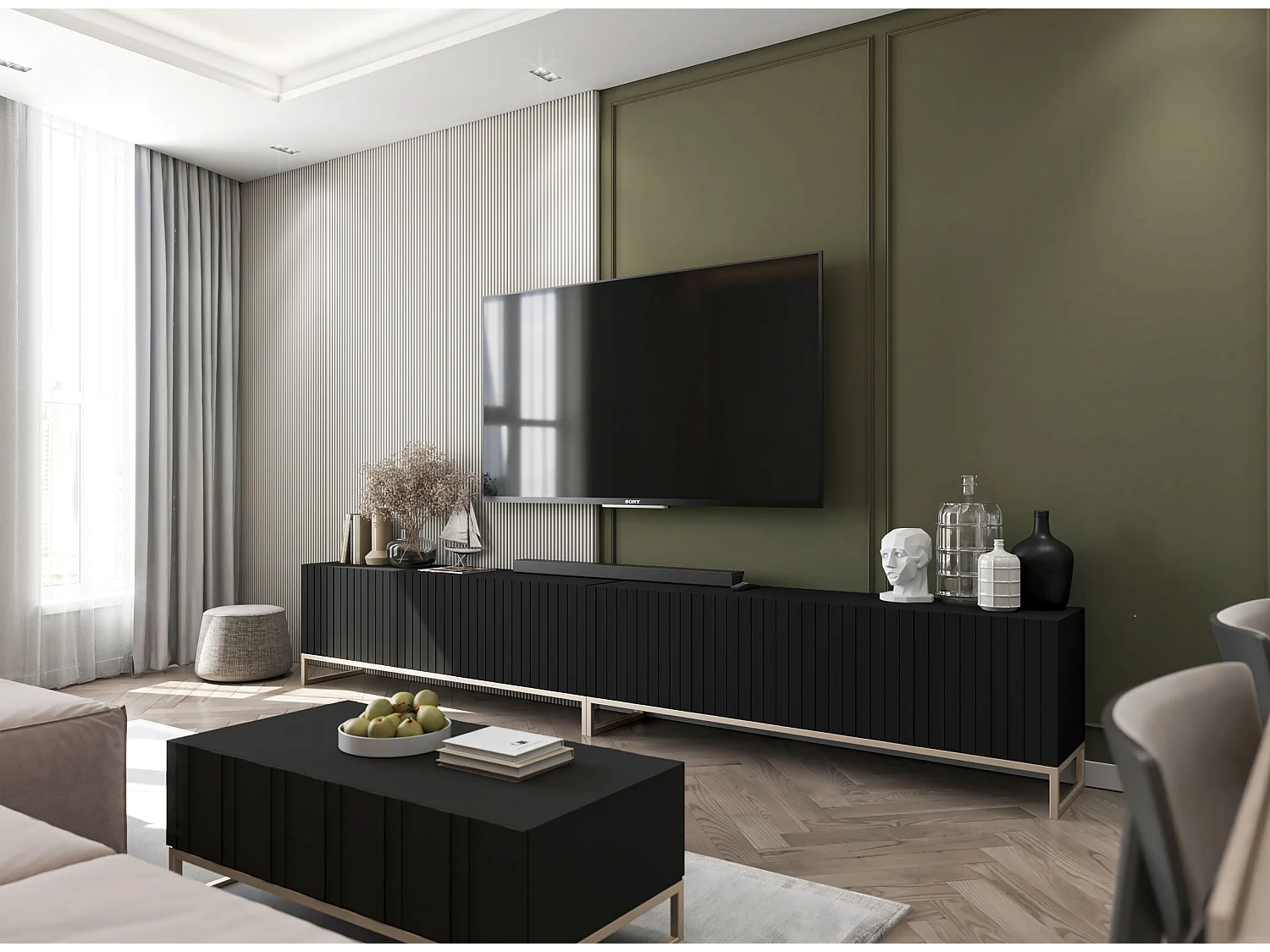 Meuble TV avec 8 portes - Corps Noir mat, façades rainurées Noir mat - 300 cm, cadre métallique