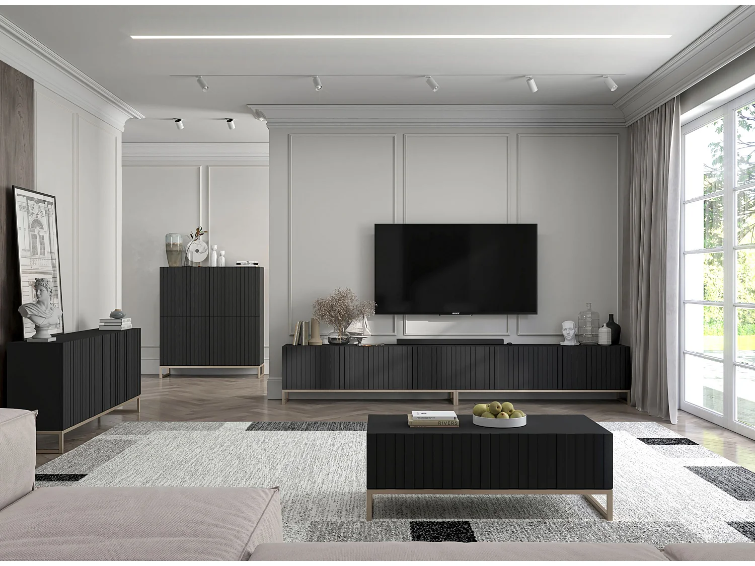 Meuble TV avec 8 portes - Corps Noir mat, façades rainurées Noir mat - 300 cm, cadre métallique